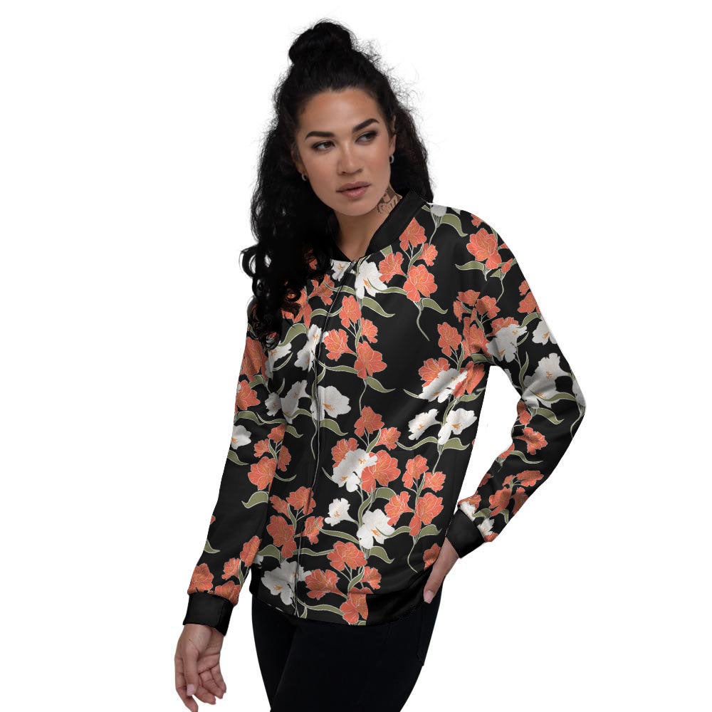 Alstroemeria Red Print Pattern Women's Bomber Jacket-grizzshop