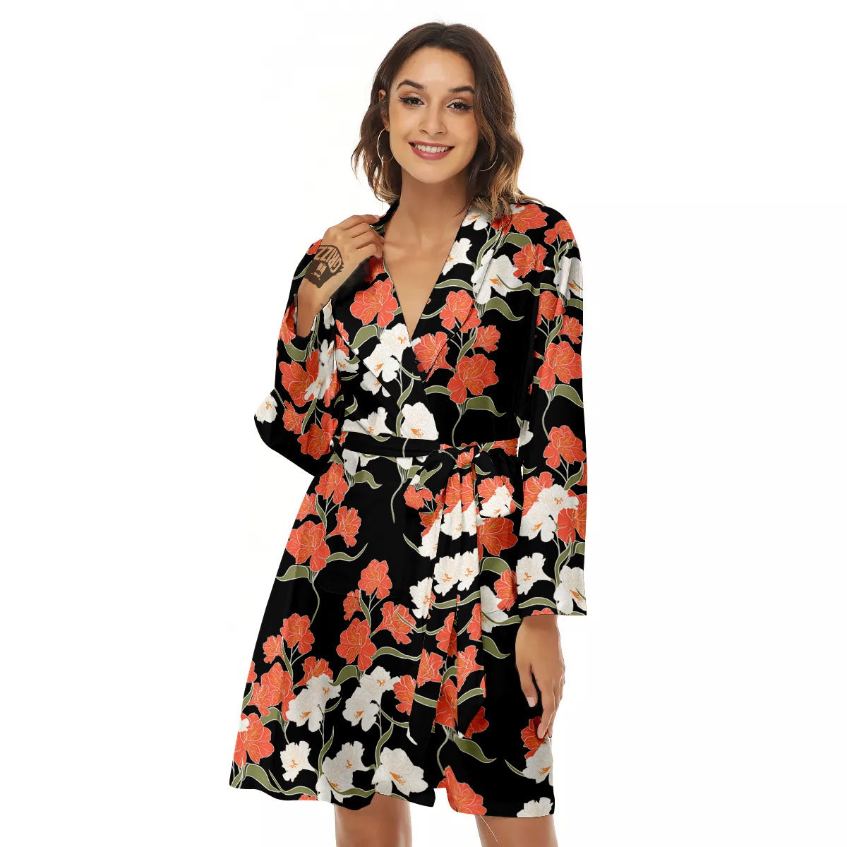 Alstroemeria Red Print Pattern Women's Robe-grizzshop