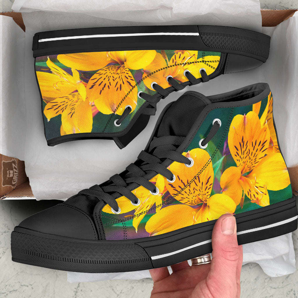 Alstroemeria Yellow Print Black High Top Shoes-grizzshop