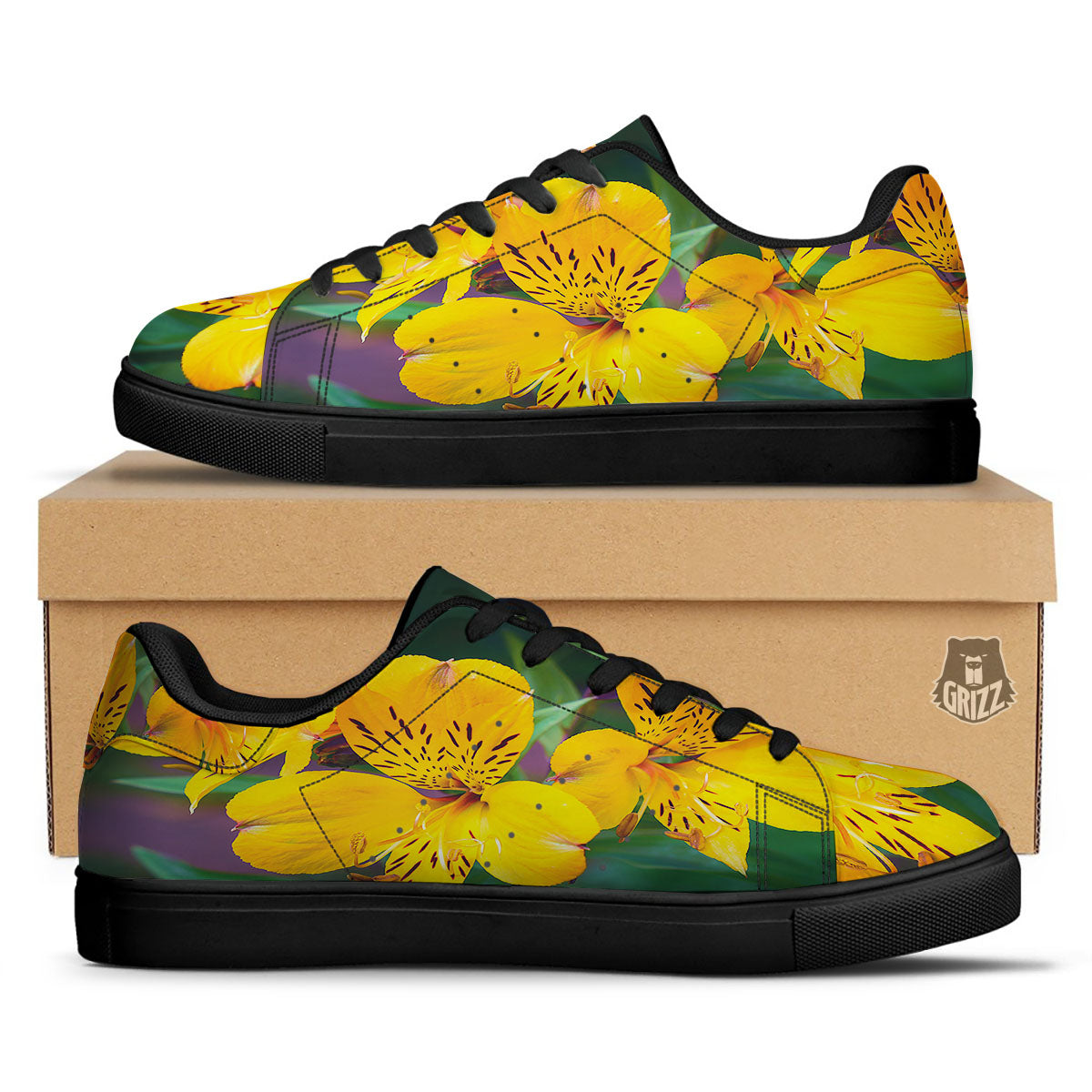 Alstroemeria Yellow Print Black Low Top Sneakers-grizzshop