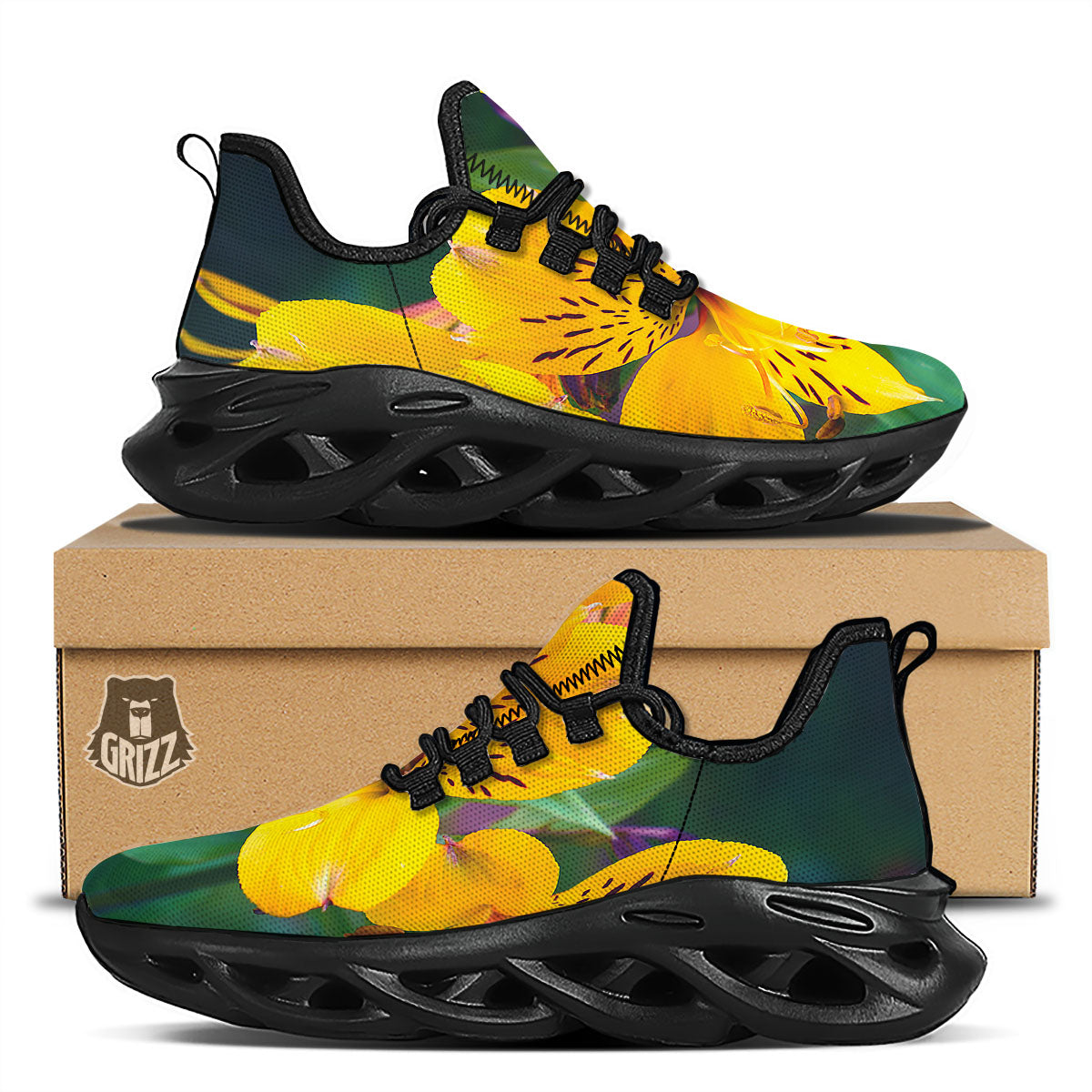 Alstroemeria Yellow Print Black Running Shoes-grizzshop