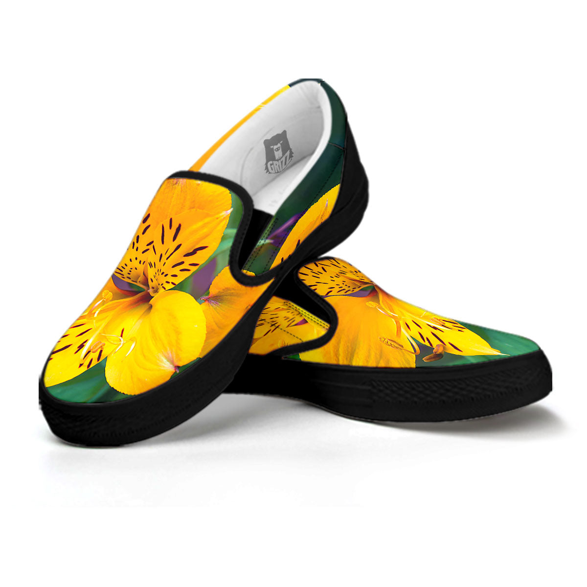 Alstroemeria Yellow Print Black Slip On Shoes-grizzshop