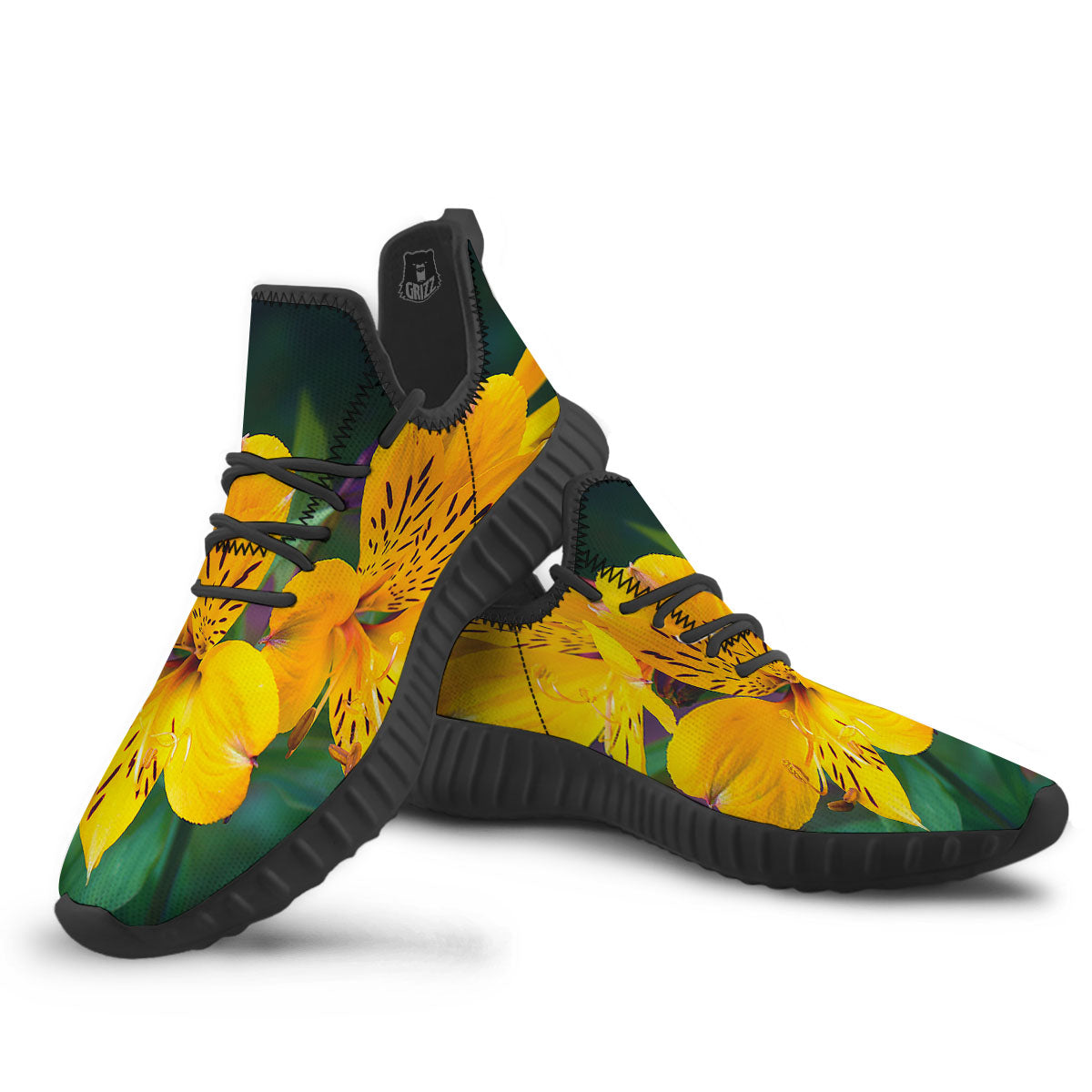 Alstroemeria Yellow Print Black Walking Shoes-grizzshop