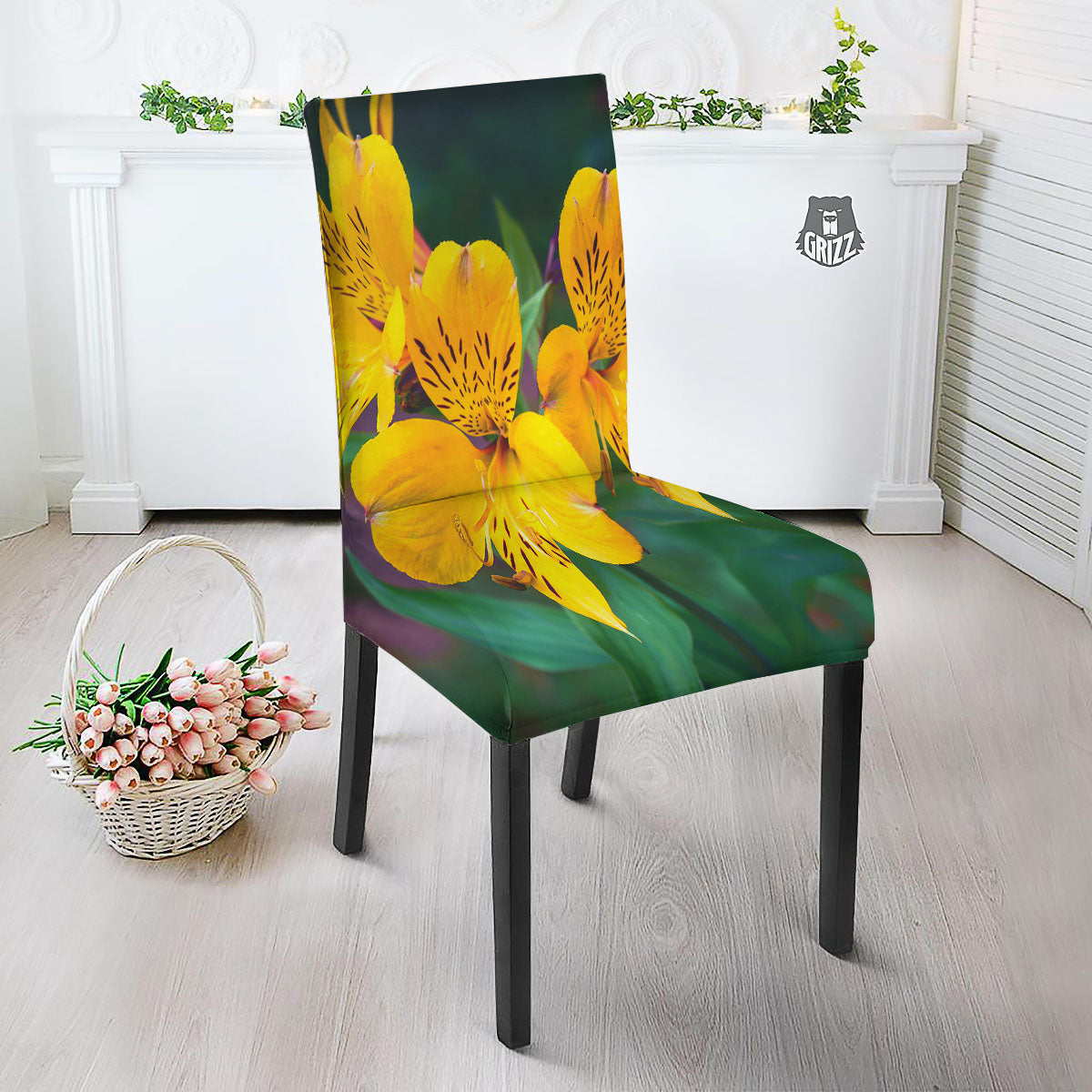 Alstroemeria Yellow Print Dining Chair Slipcover-grizzshop