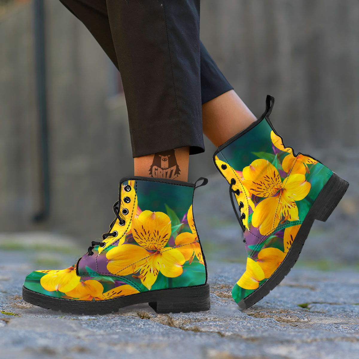 Alstroemeria Yellow Print Leather Boots-grizzshop