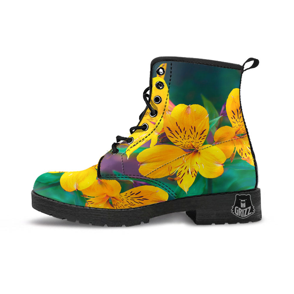 Alstroemeria Yellow Print Leather Boots-grizzshop