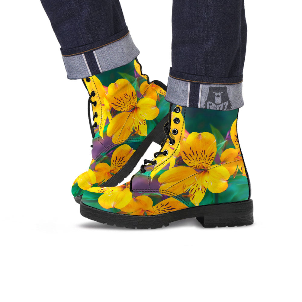 Alstroemeria Yellow Print Leather Boots-grizzshop