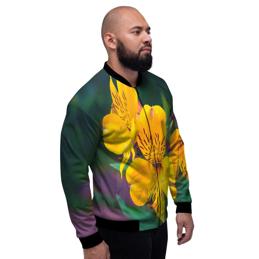 Alstroemeria Yellow Print Men's Bomber Jacket-grizzshop