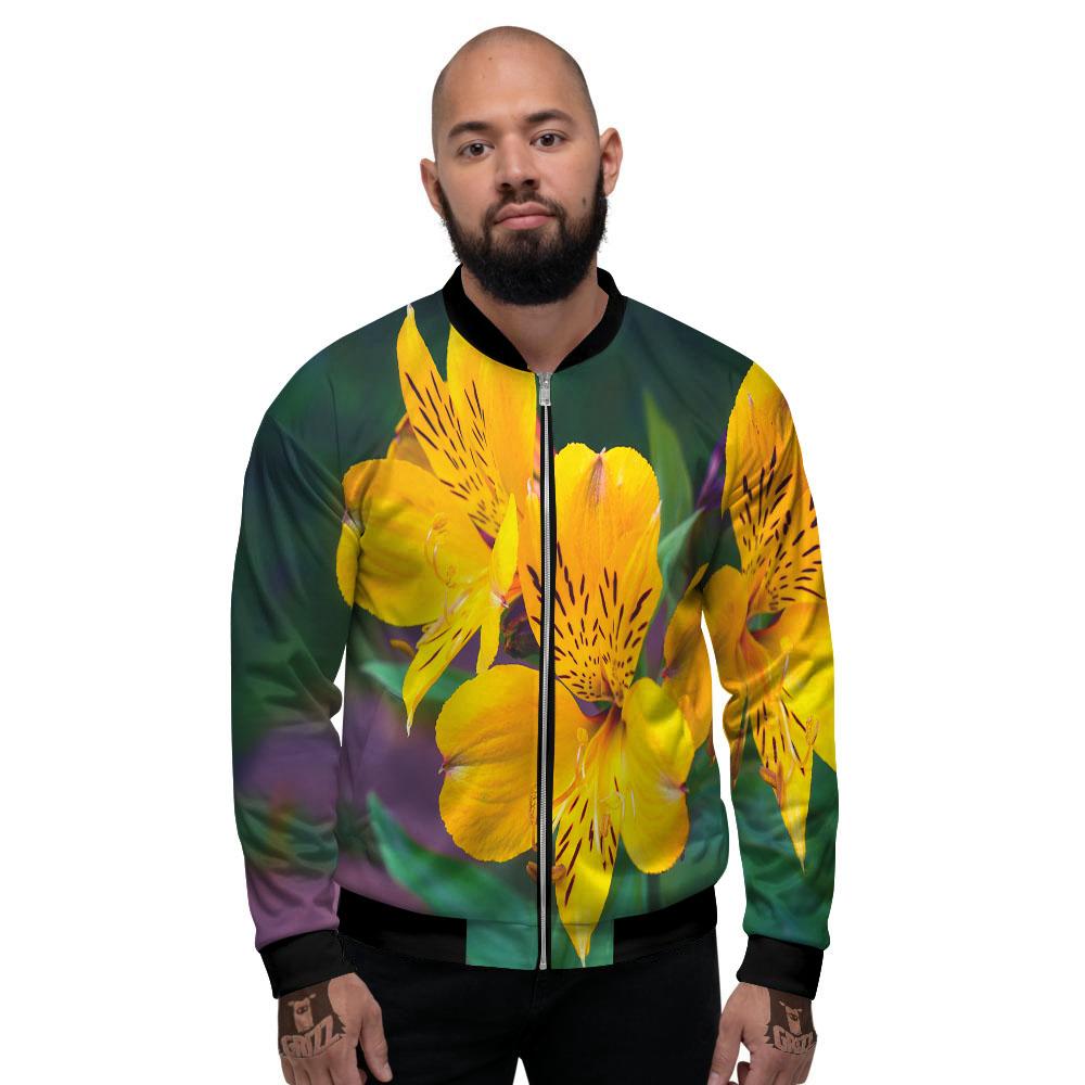 Alstroemeria Yellow Print Men's Bomber Jacket-grizzshop
