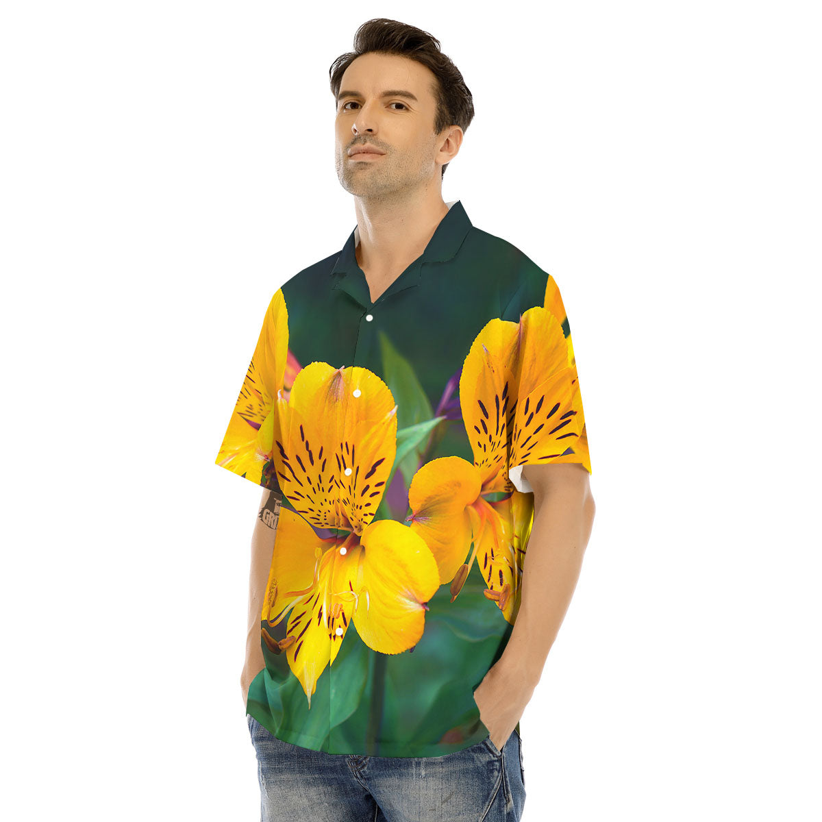 Alstroemeria Yellow Print Men's Hawaiian Shirt-grizzshop