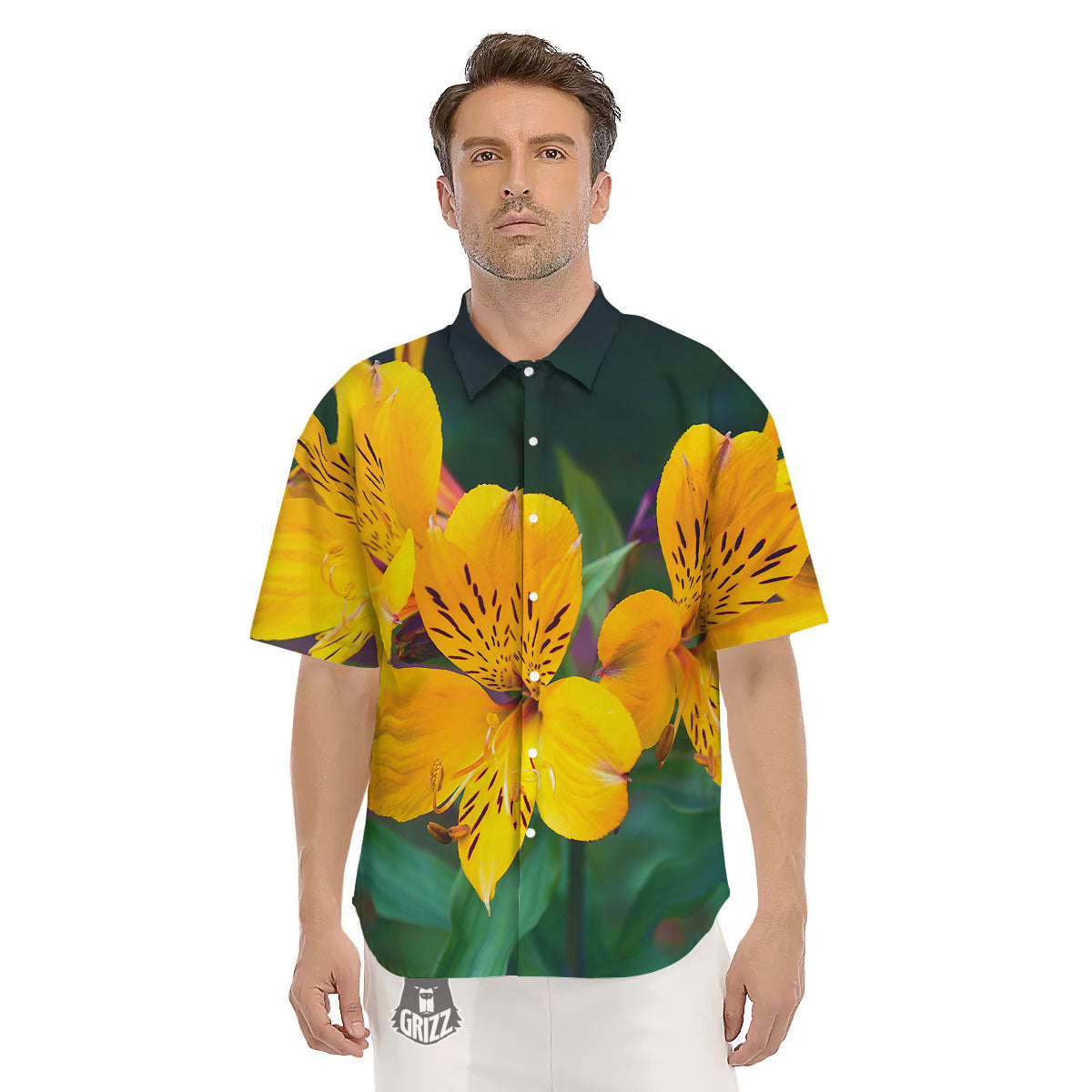 Alstroemeria Yellow Print Men's Short Sleeve Shirts-grizzshop