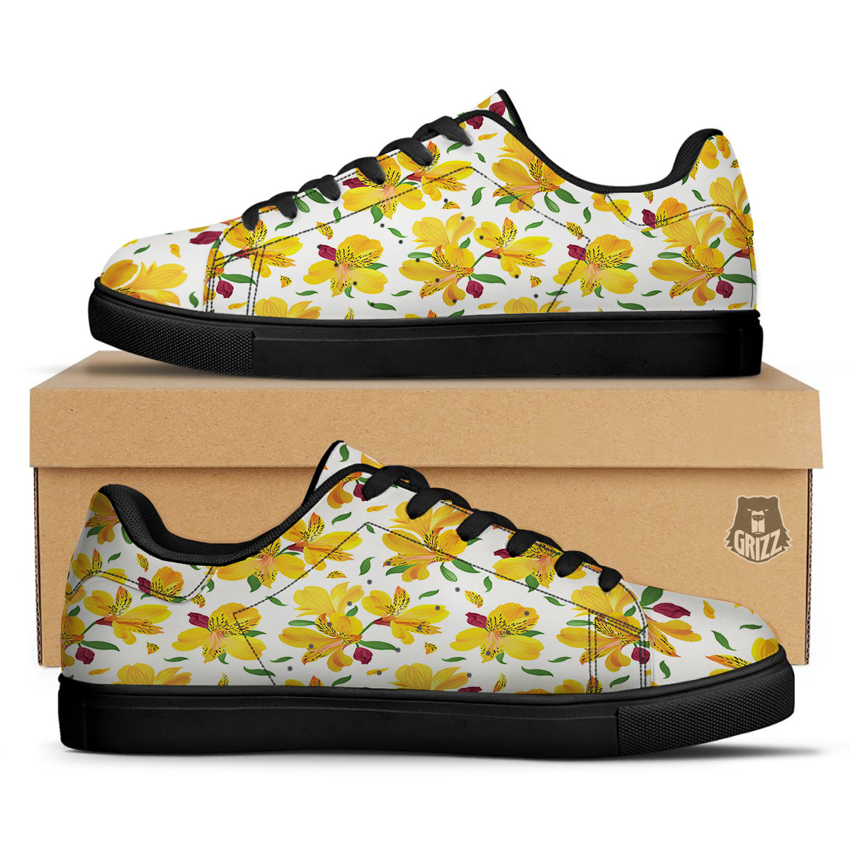 Alstroemeria Yellow Print Pattern Black Low Top Sneakers-grizzshop