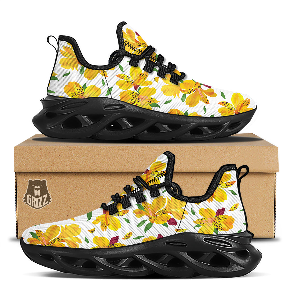 Alstroemeria Yellow Print Pattern Black Running Shoes-grizzshop