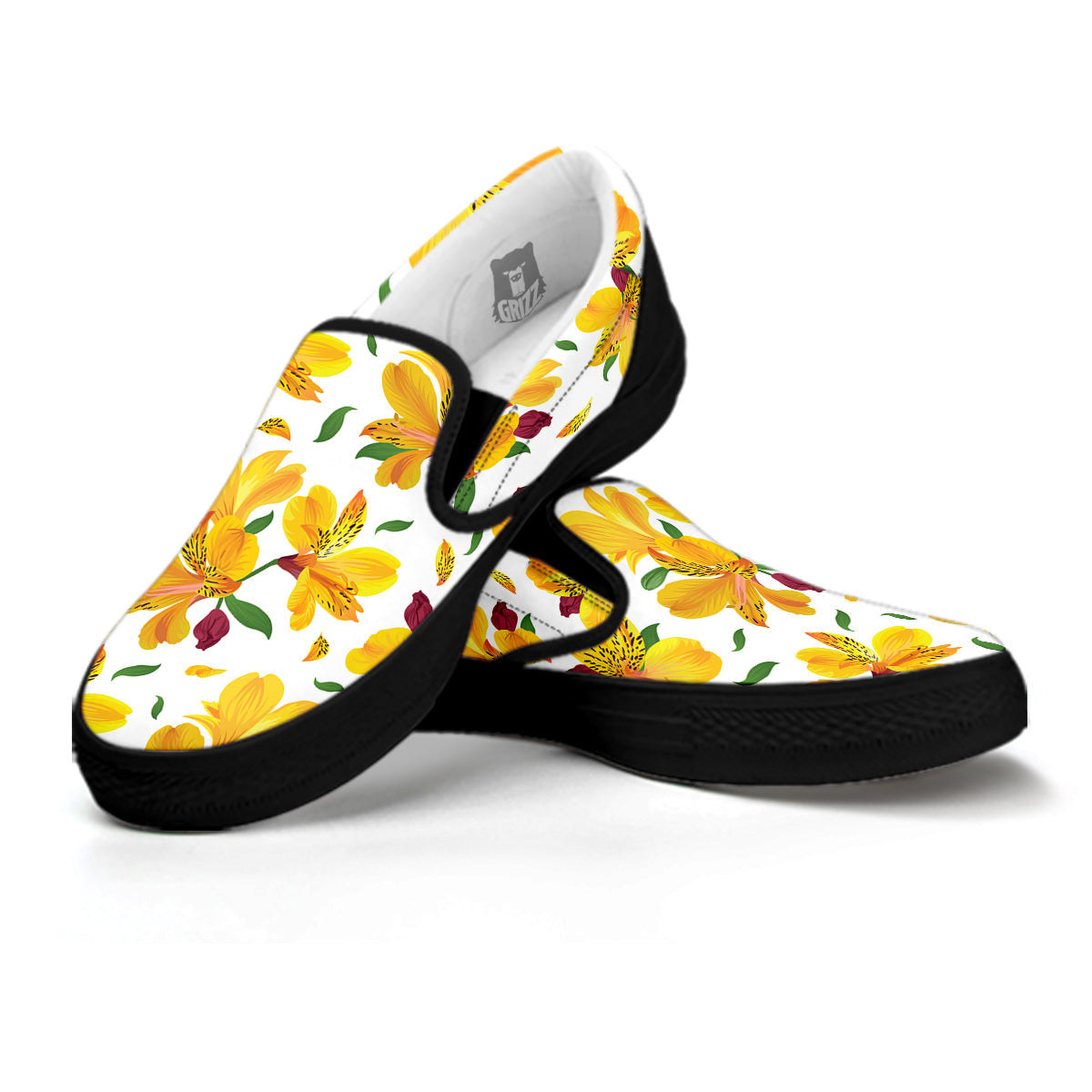 Alstroemeria Yellow Print Pattern Black Slip On Shoes-grizzshop