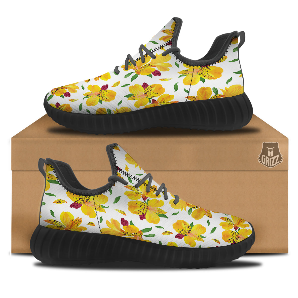 Alstroemeria Yellow Print Pattern Black Walking Shoes-grizzshop