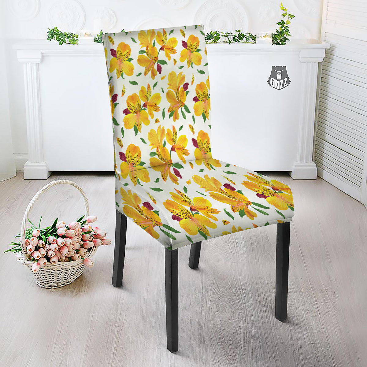 Alstroemeria Yellow Print Pattern Dining Chair Slipcover-grizzshop