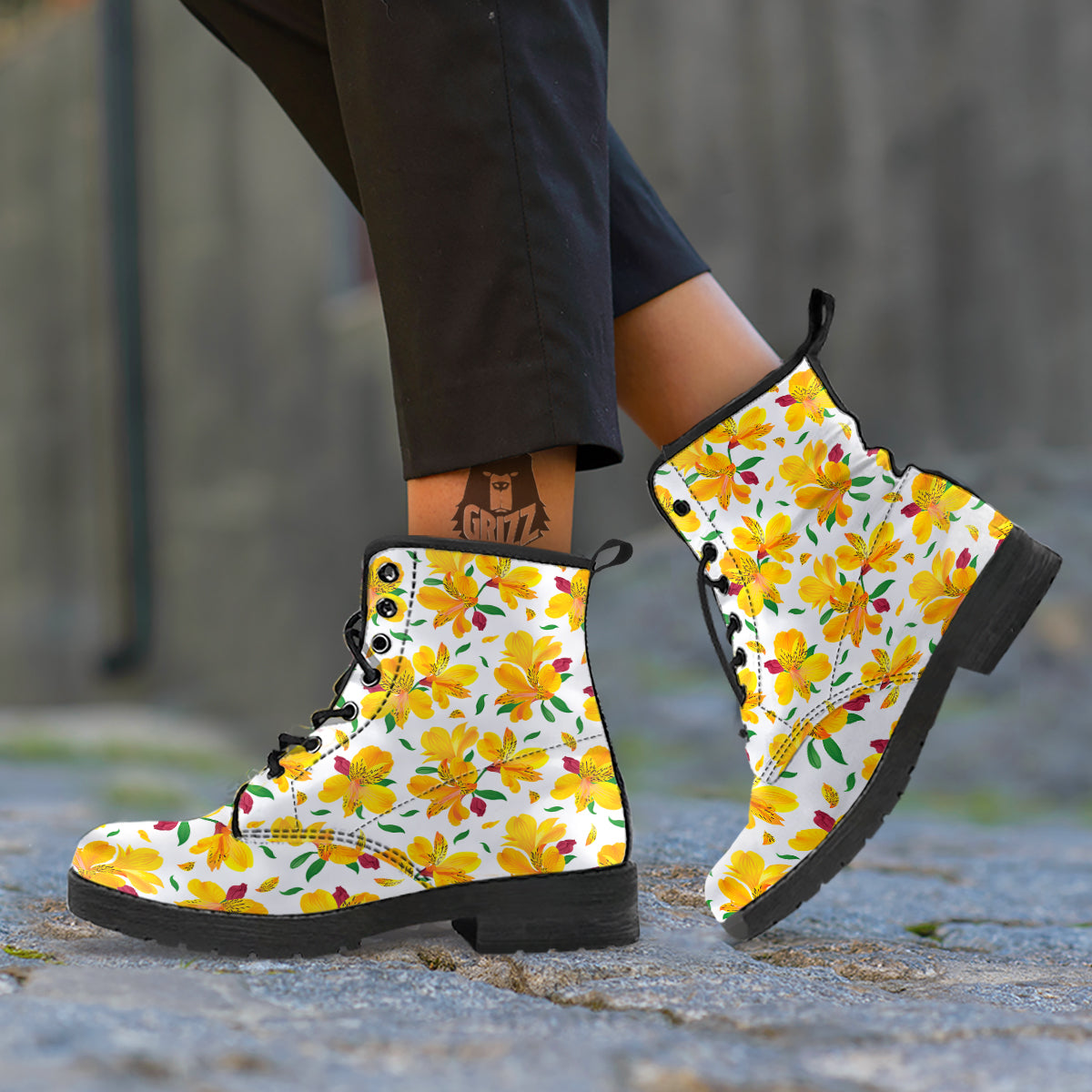 Alstroemeria Yellow Print Pattern Leather Boots-grizzshop