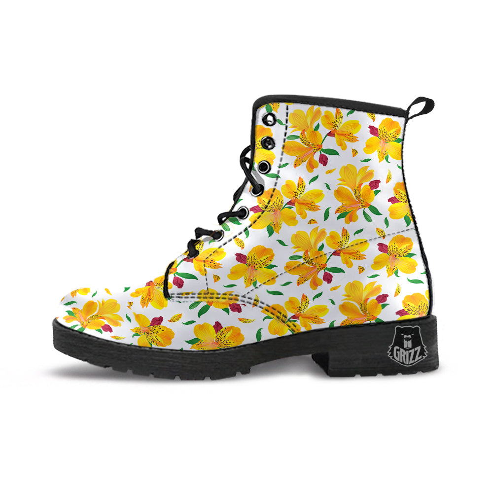 Alstroemeria Yellow Print Pattern Leather Boots-grizzshop