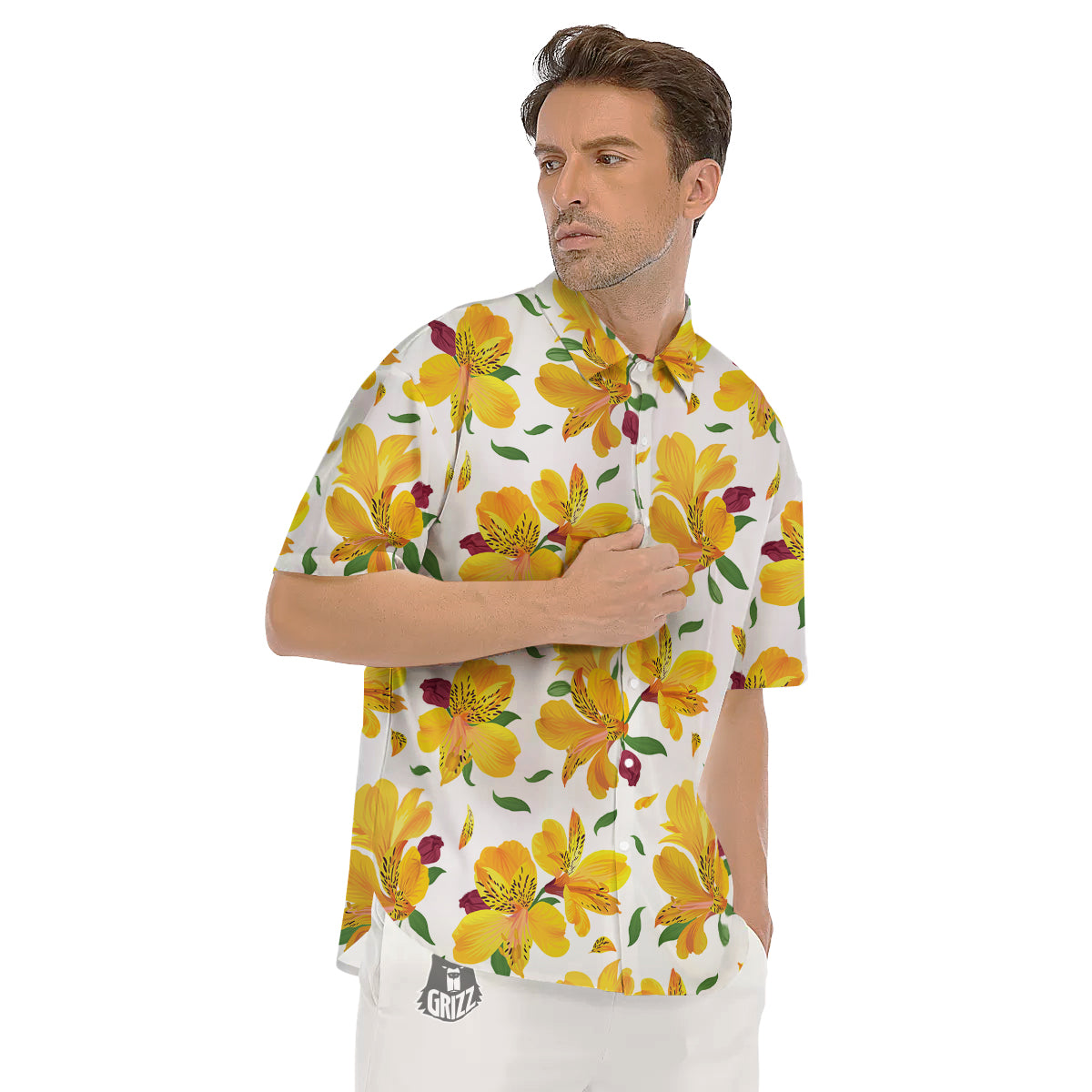 Alstroemeria Yellow Print Pattern Men's Short Sleeve Shirts-grizzshop