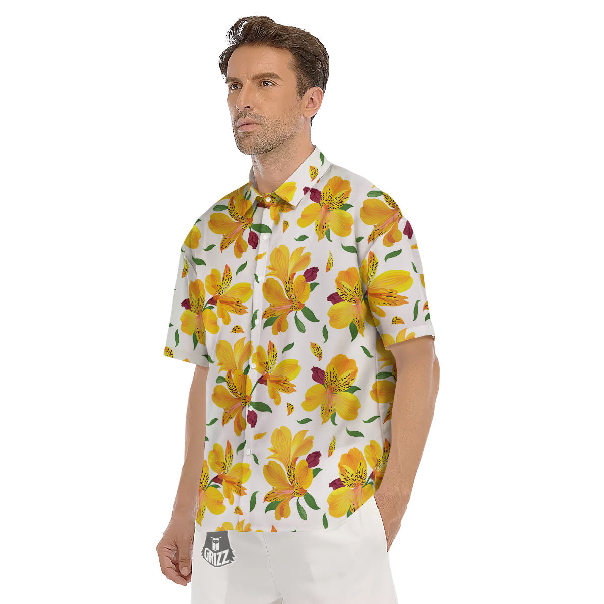 Alstroemeria Yellow Print Pattern Men's Short Sleeve Shirts-grizzshop