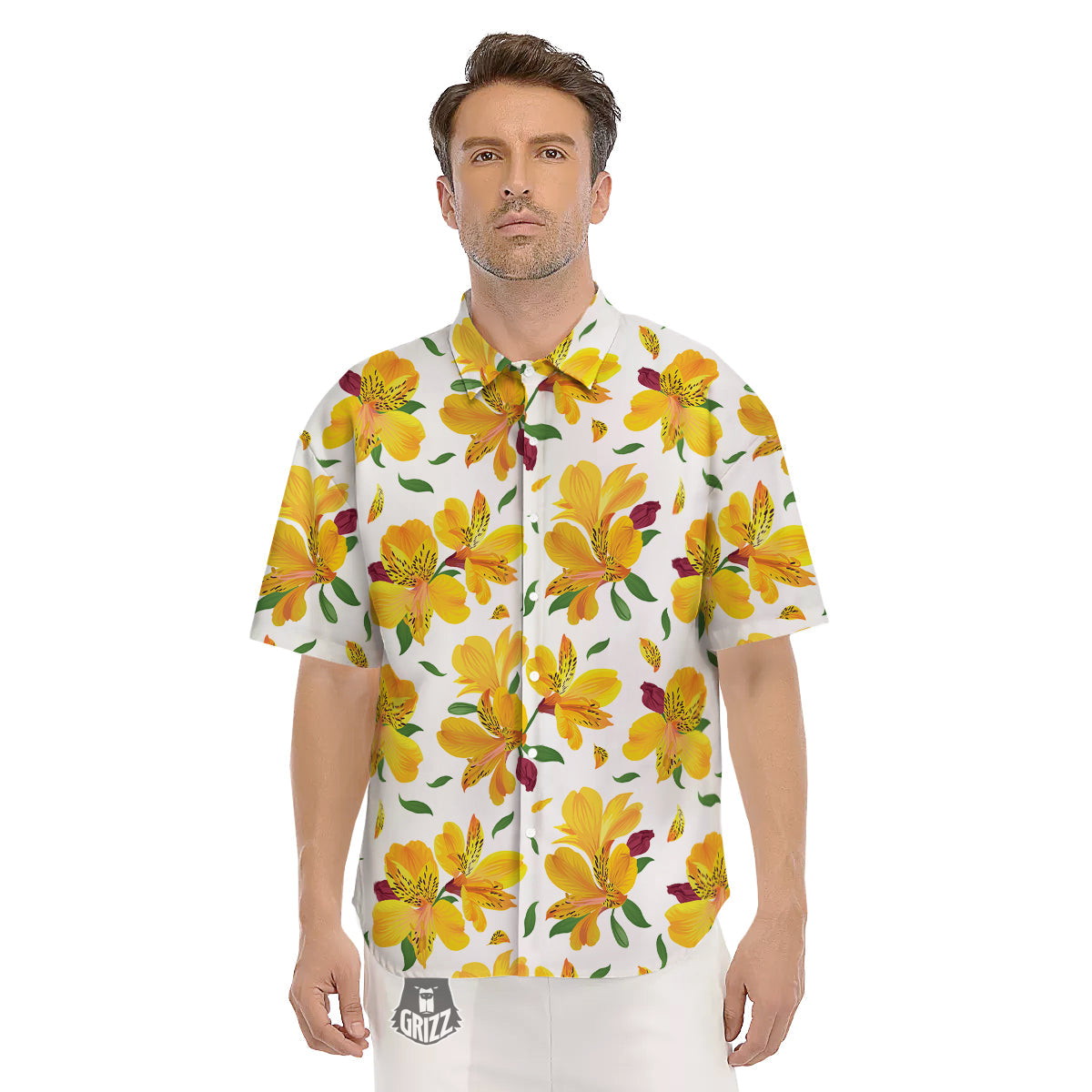 Alstroemeria Yellow Print Pattern Men's Short Sleeve Shirts-grizzshop