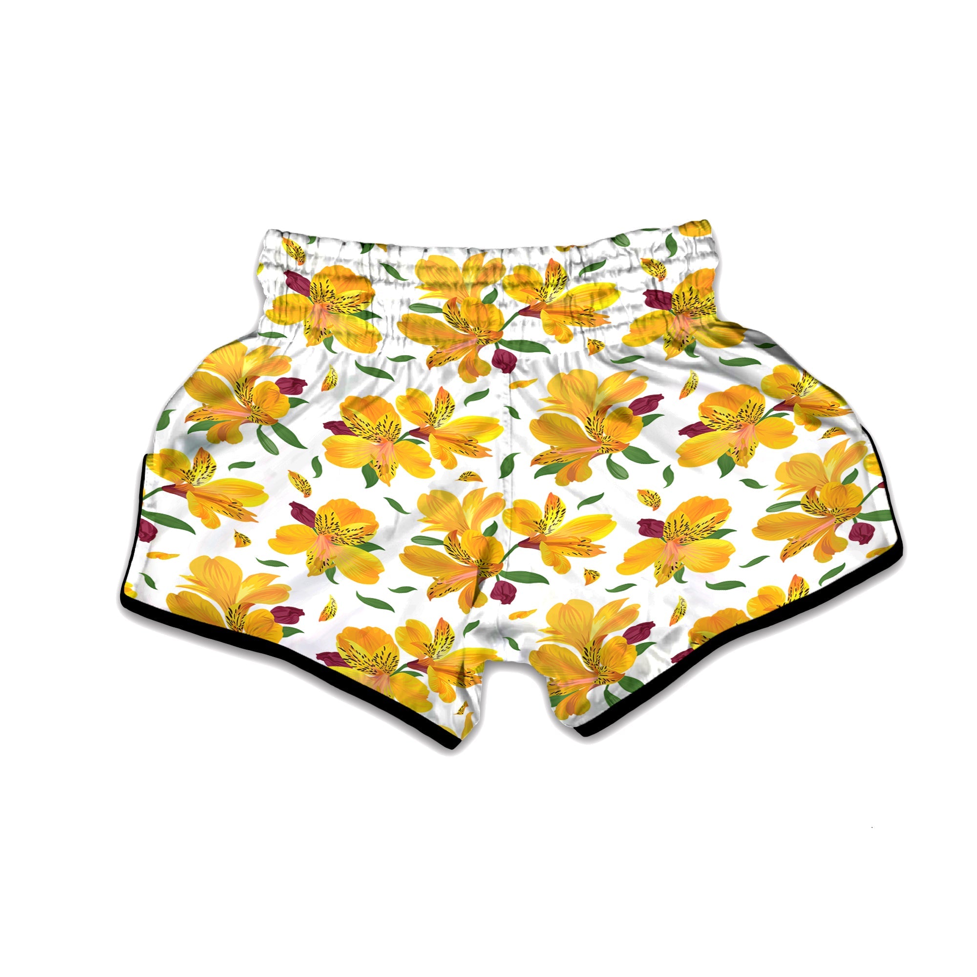 Alstroemeria Yellow Print Pattern Muay Thai Boxing Shorts-grizzshop