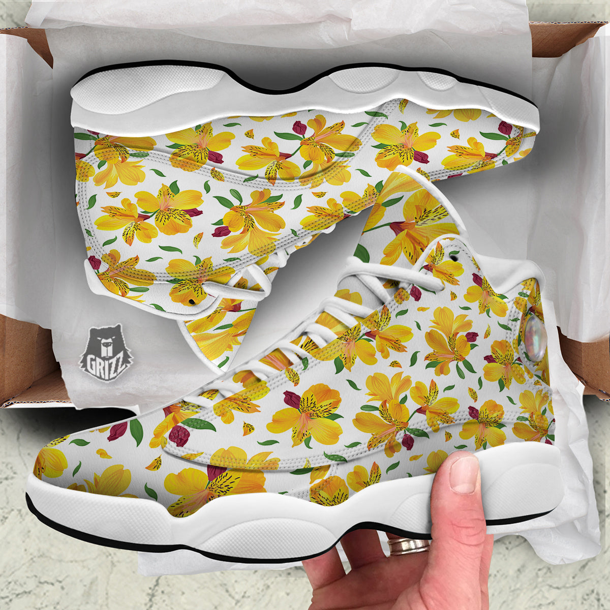 Alstroemeria Yellow Print Pattern White Basketball Shoes-grizzshop