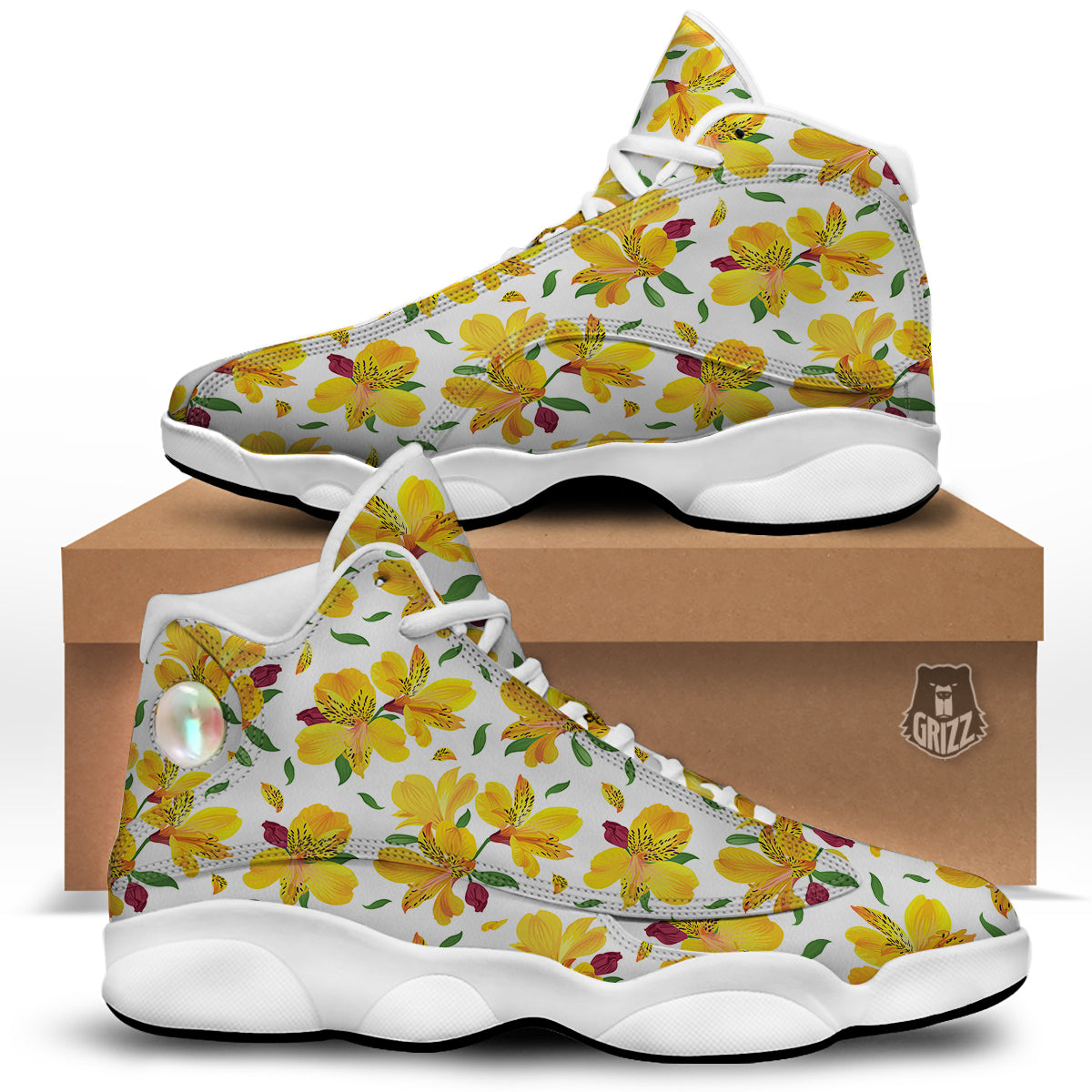 Alstroemeria Yellow Print Pattern White Basketball Shoes-grizzshop