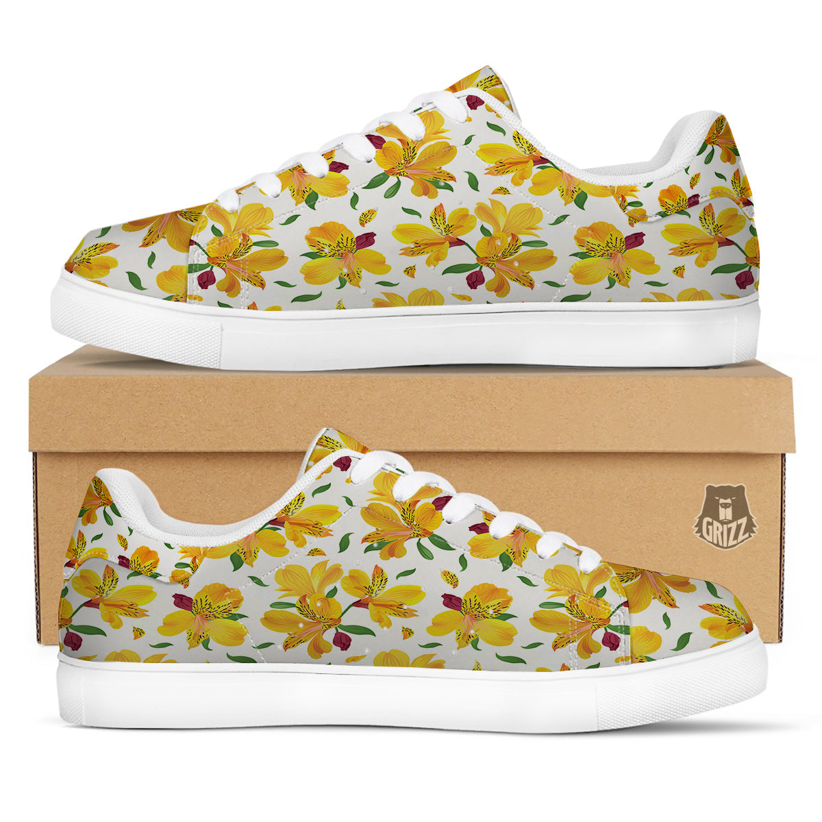 Alstroemeria Yellow Print Pattern White Low Top Sneakers-grizzshop