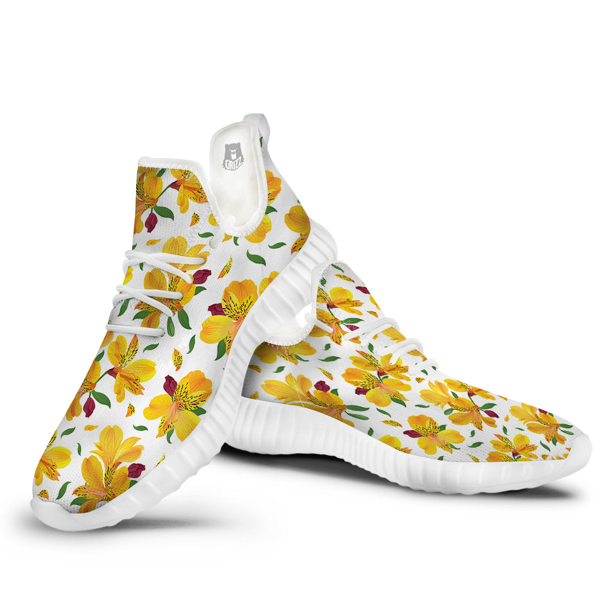 Alstroemeria Yellow Print Pattern White Walking Shoes-grizzshop