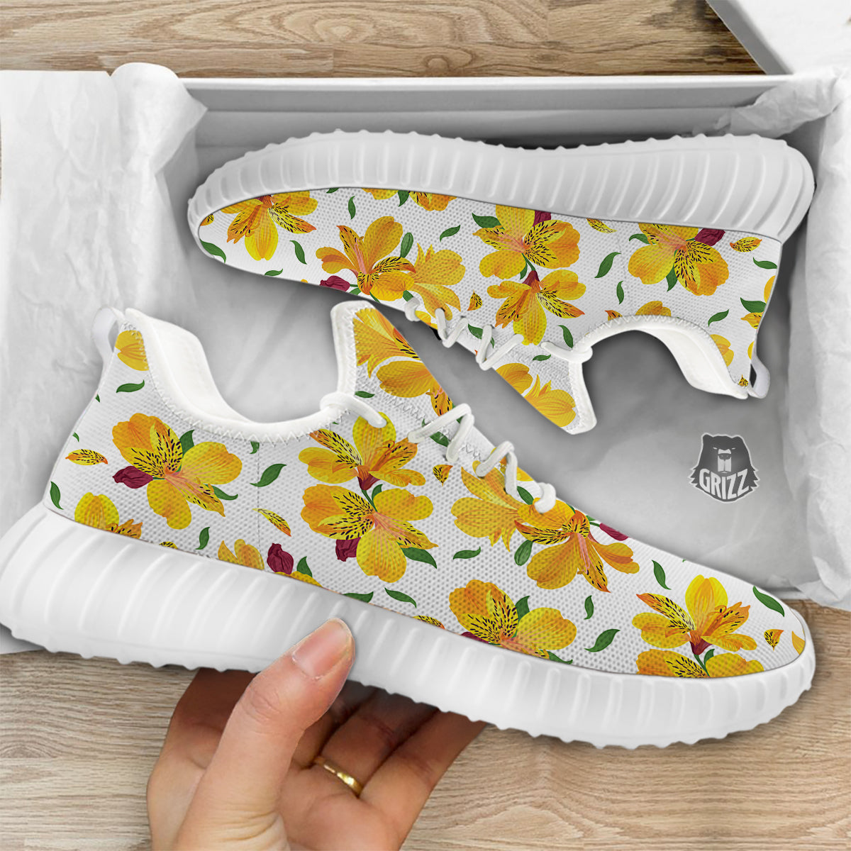 Alstroemeria Yellow Print Pattern White Walking Shoes-grizzshop