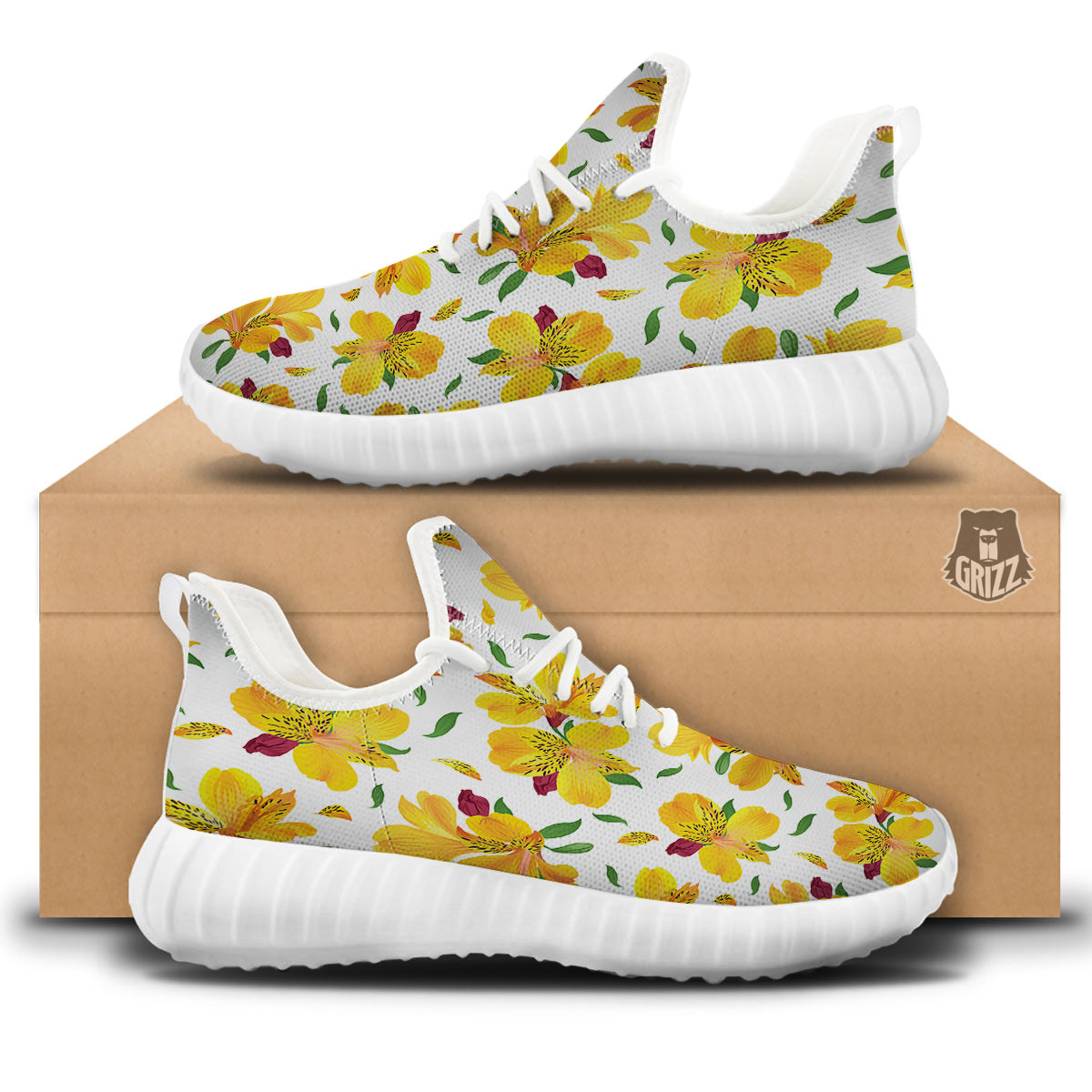 Alstroemeria Yellow Print Pattern White Walking Shoes-grizzshop