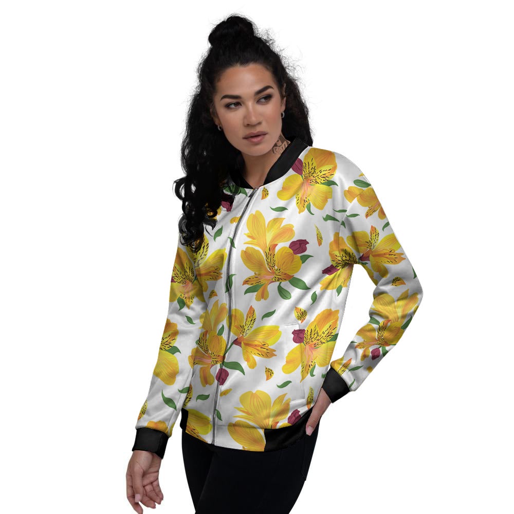 Alstroemeria Yellow Print Pattern Women's Bomber Jacket-grizzshop
