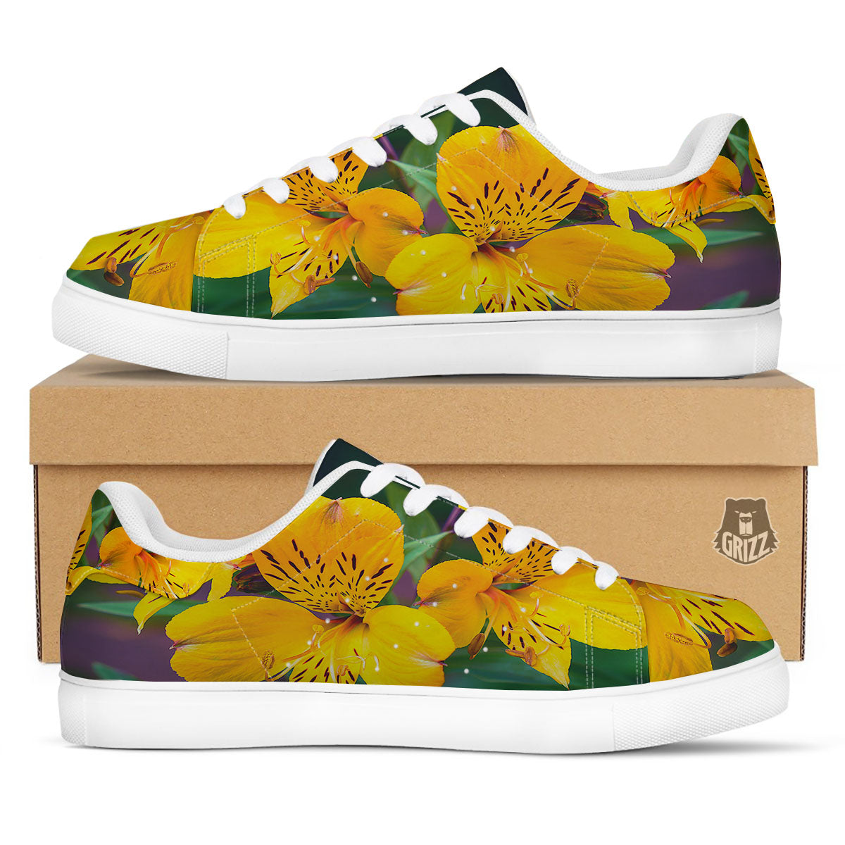 Alstroemeria Yellow Print White Low Top Sneakers-grizzshop