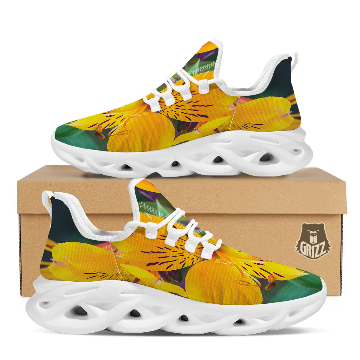 Alstroemeria Yellow Print White Running Shoes-grizzshop