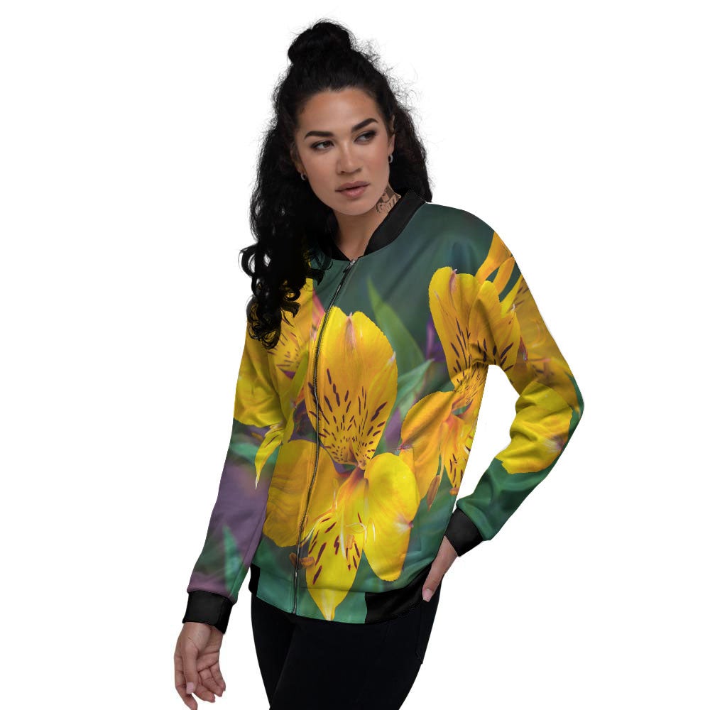 Alstroemeria Yellow Print Women's Bomber Jacket-grizzshop