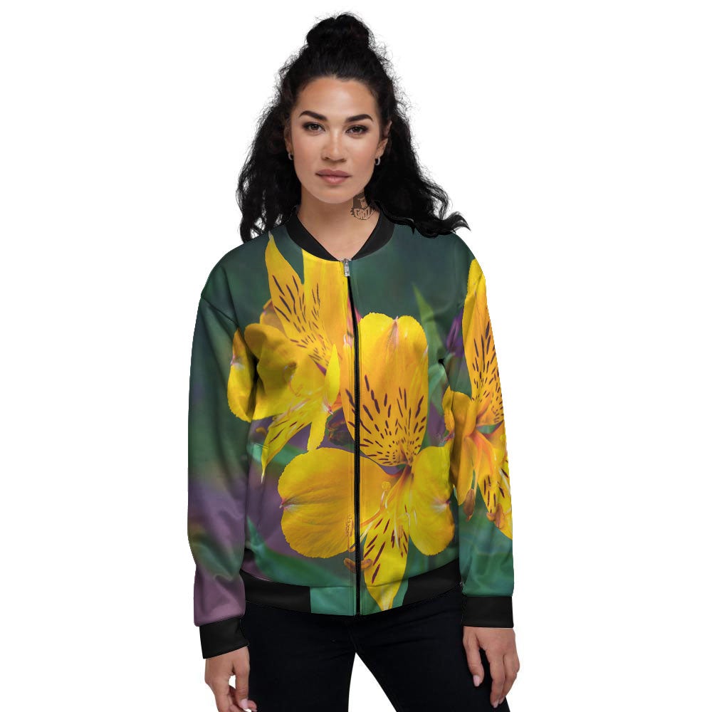Alstroemeria Yellow Print Women's Bomber Jacket-grizzshop