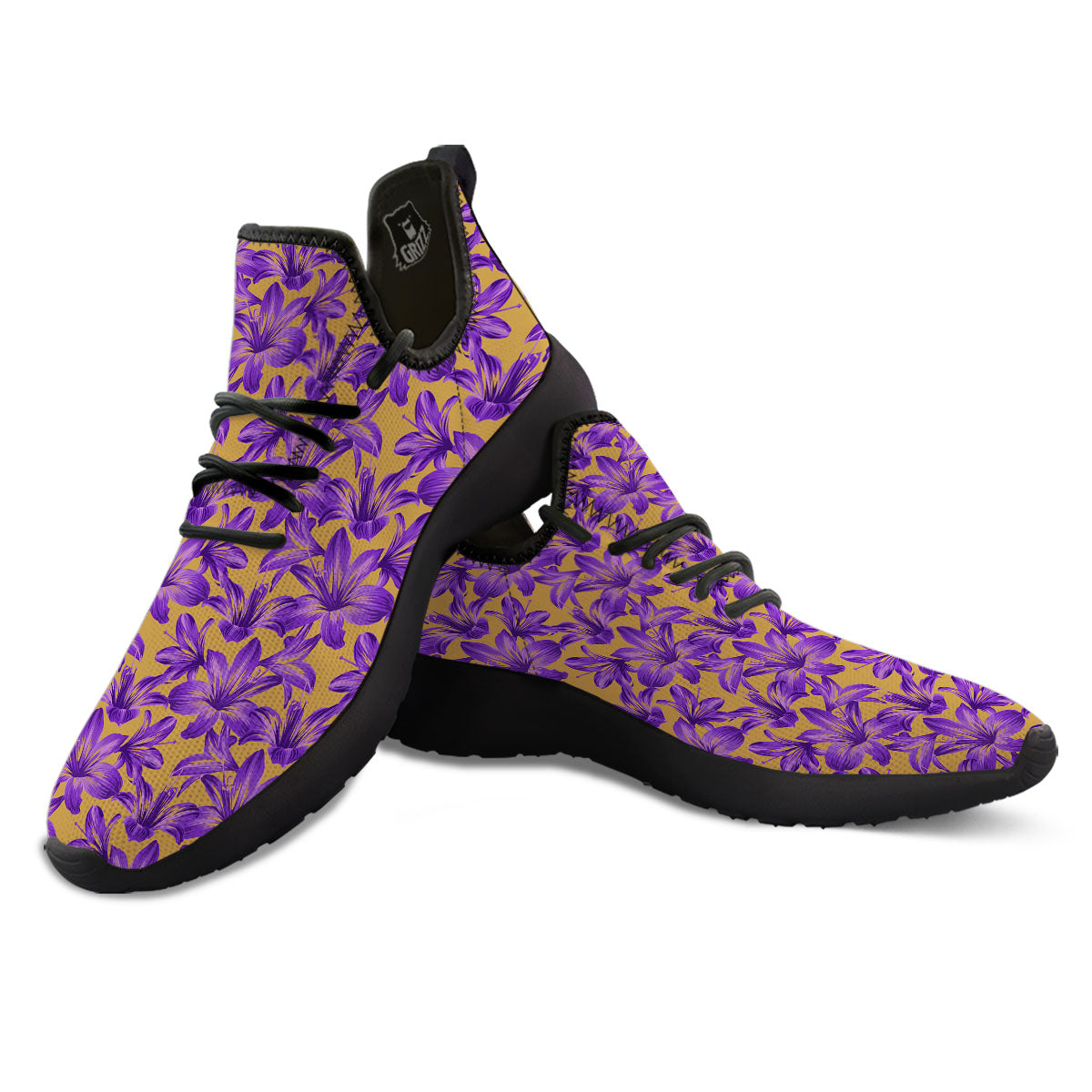 Amaryllis Japanese Purple Print Pattern Black Athletic Shoes-grizzshop