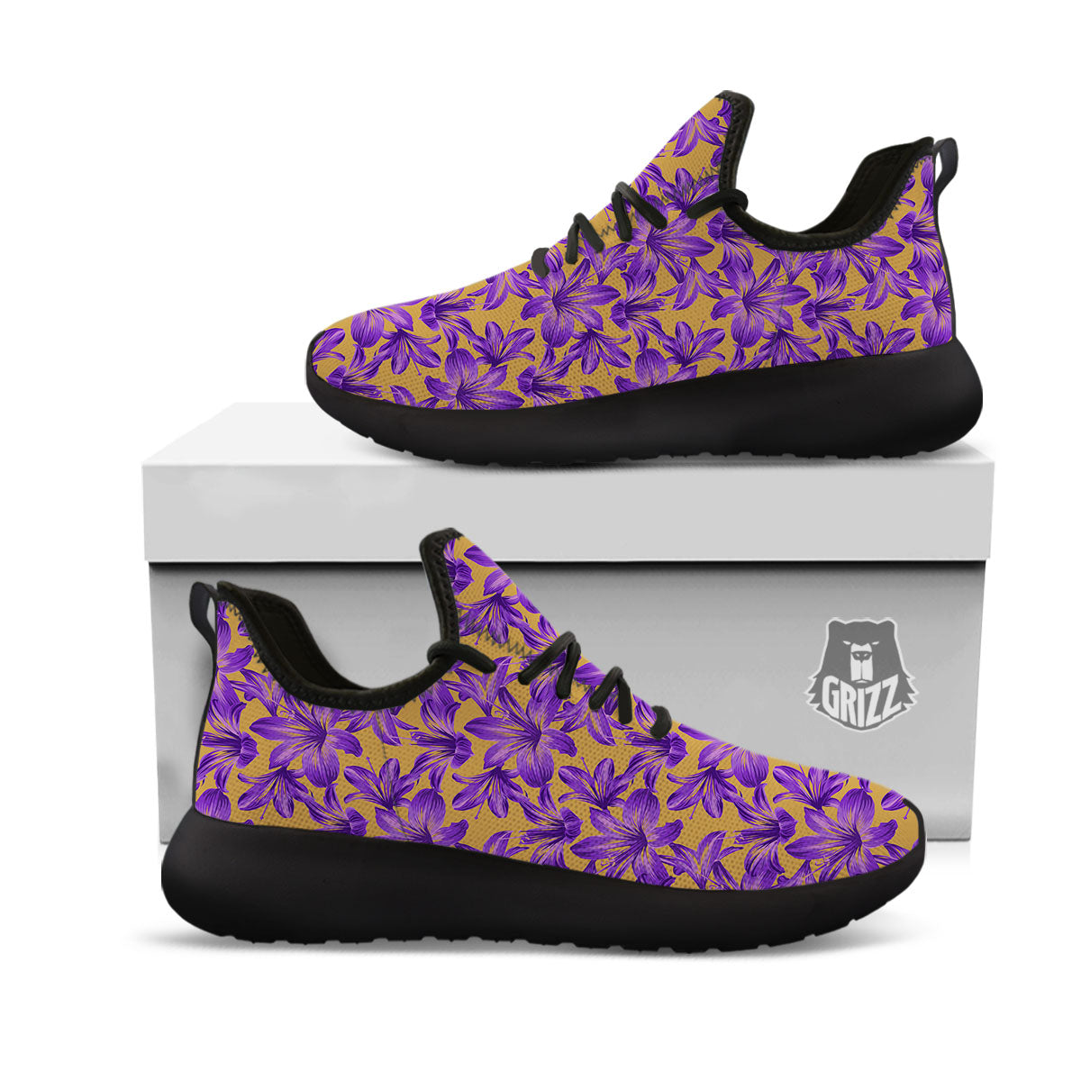 Amaryllis Japanese Purple Print Pattern Black Athletic Shoes-grizzshop