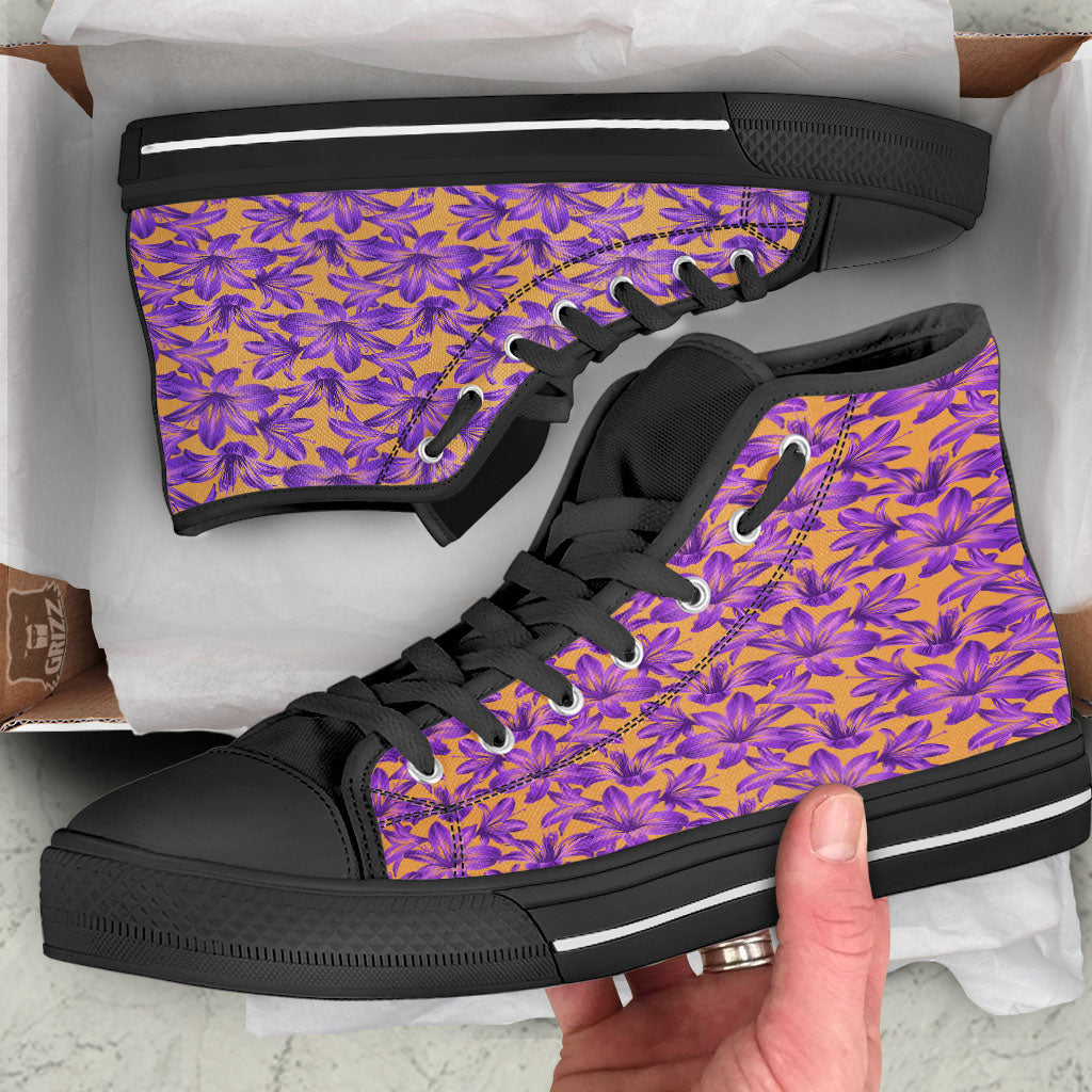 Amaryllis Japanese Purple Print Pattern Black High Top Shoes-grizzshop