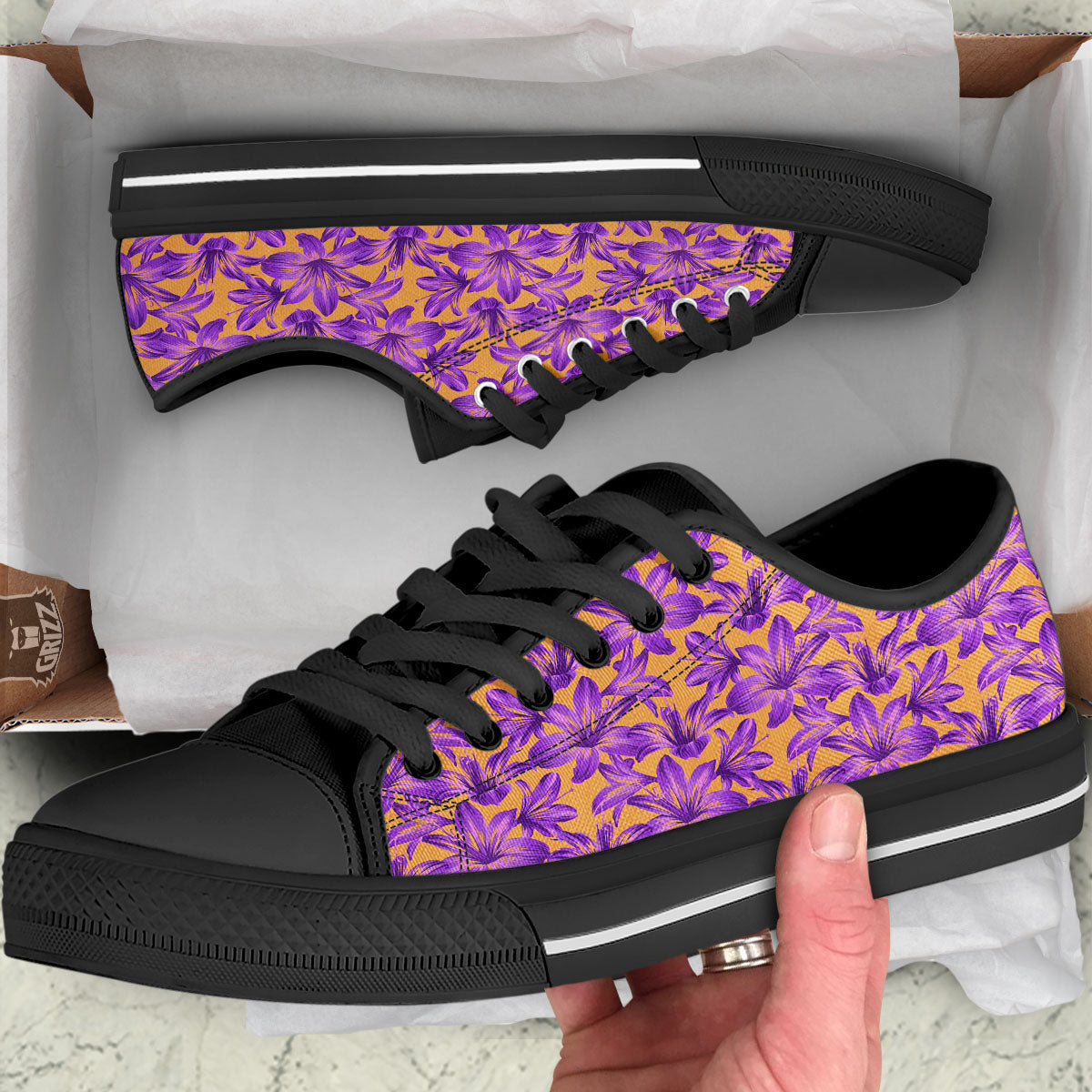 Amaryllis Japanese Purple Print Pattern Black Low Top Shoes-grizzshop