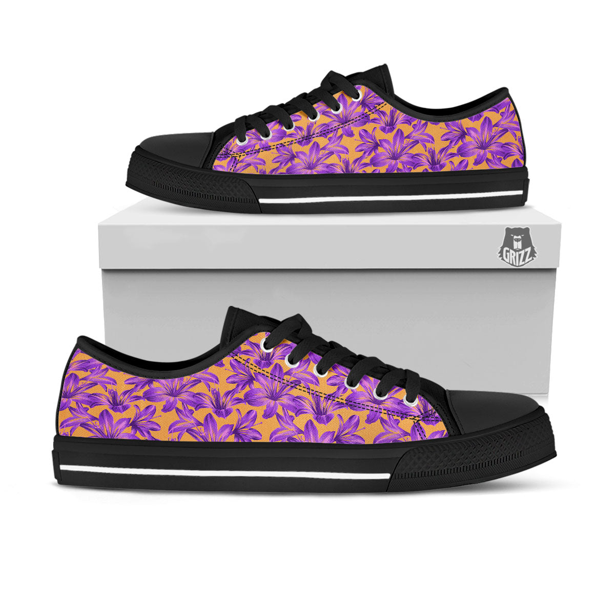 Amaryllis Japanese Purple Print Pattern Black Low Top Shoes-grizzshop