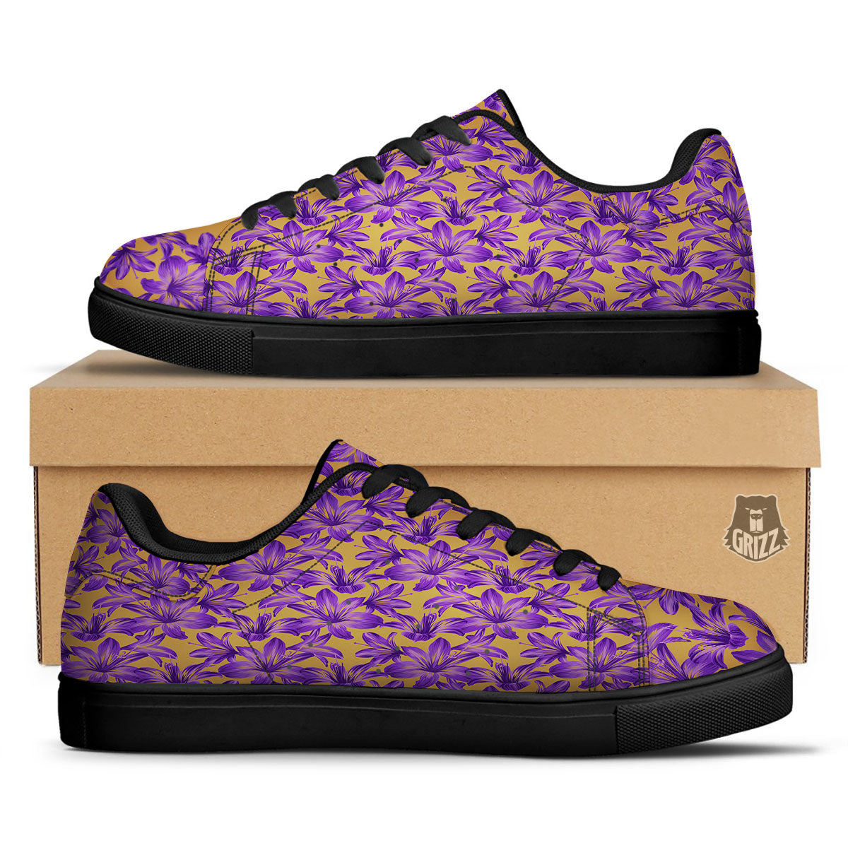 Amaryllis Japanese Purple Print Pattern Black Low Top Sneakers-grizzshop