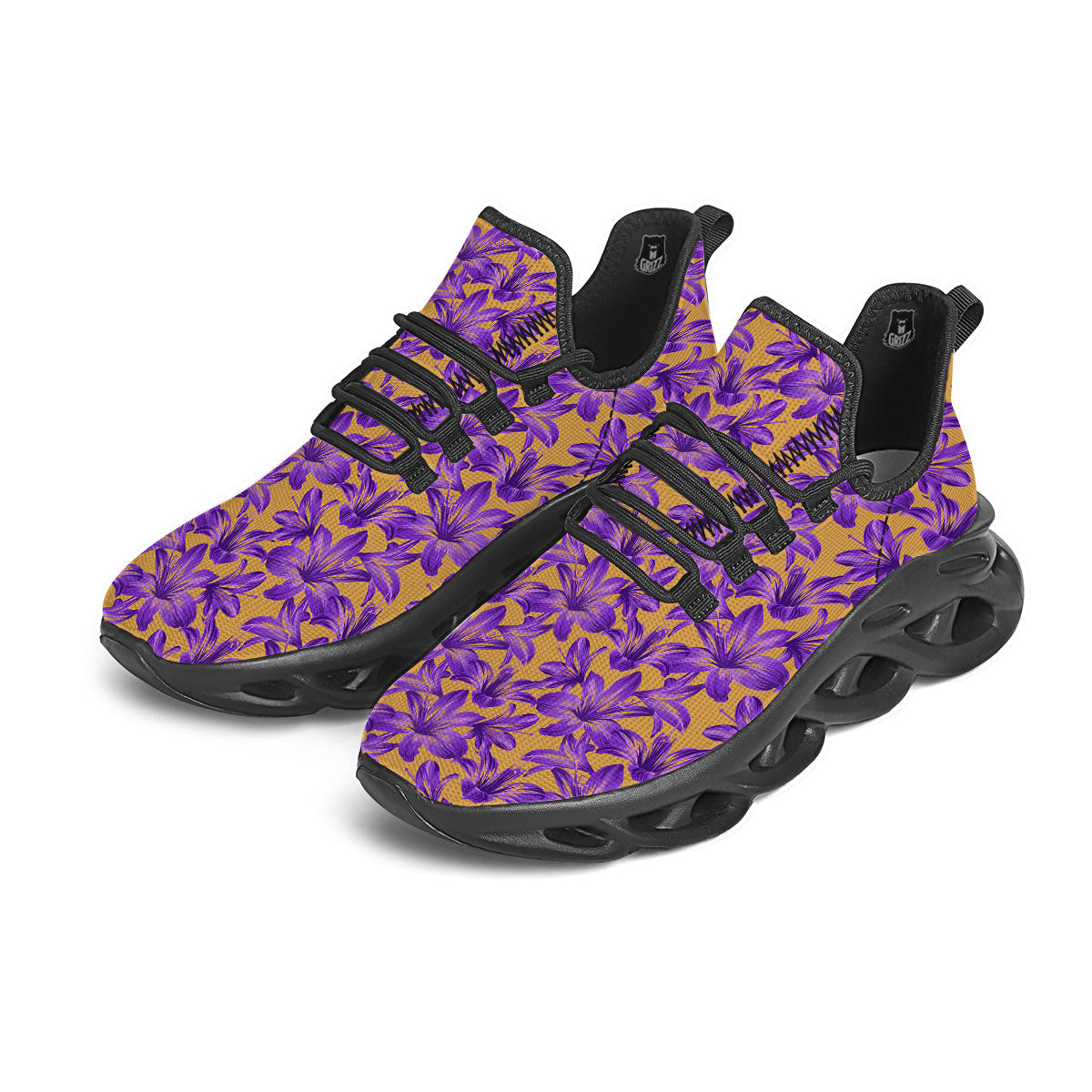 Amaryllis Japanese Purple Print Pattern Black Running Shoes-grizzshop