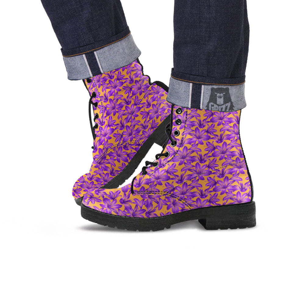 Amaryllis Japanese Purple Print Pattern Leather Boots-grizzshop