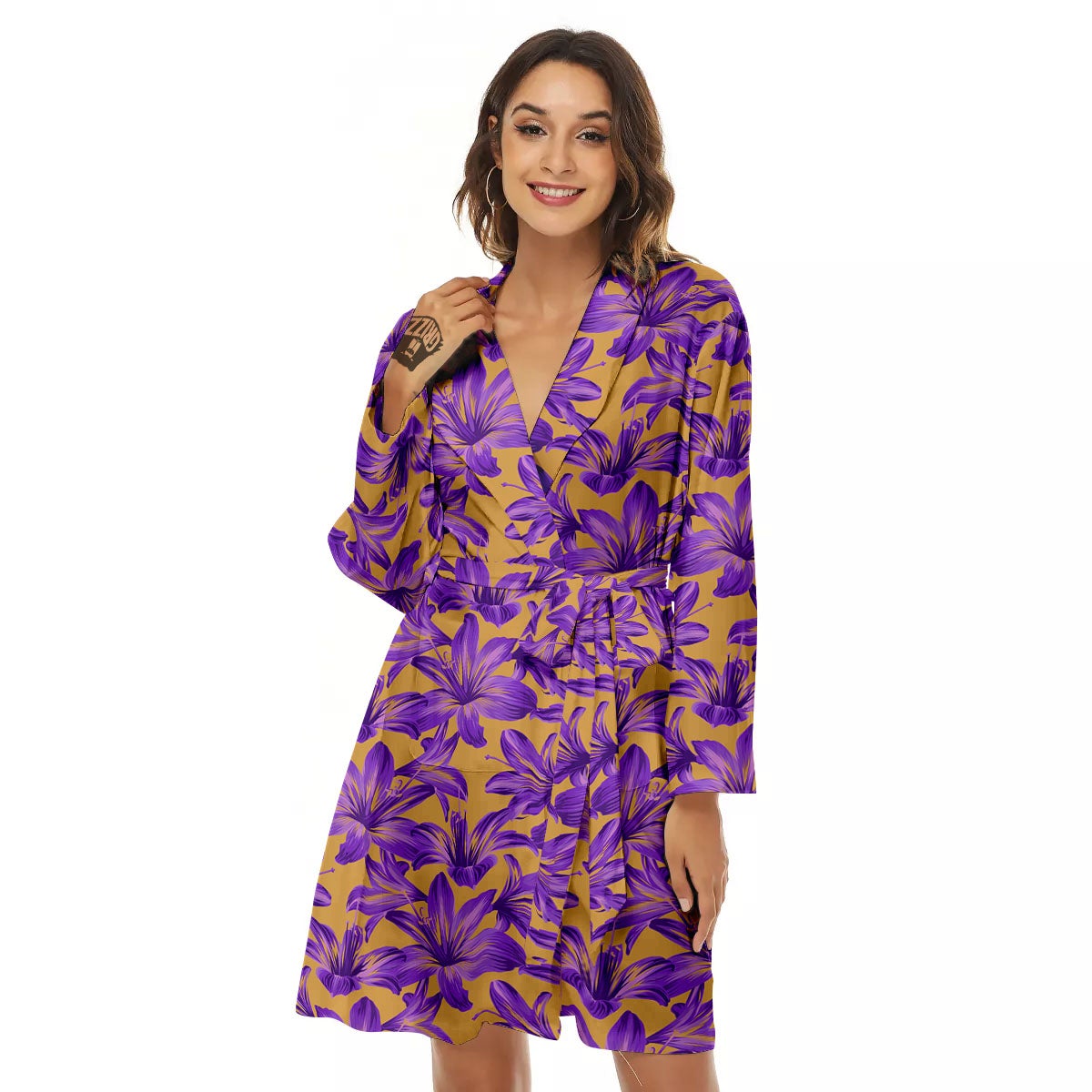 Amaryllis Japanese Purple Print Pattern Women's Robe-grizzshop