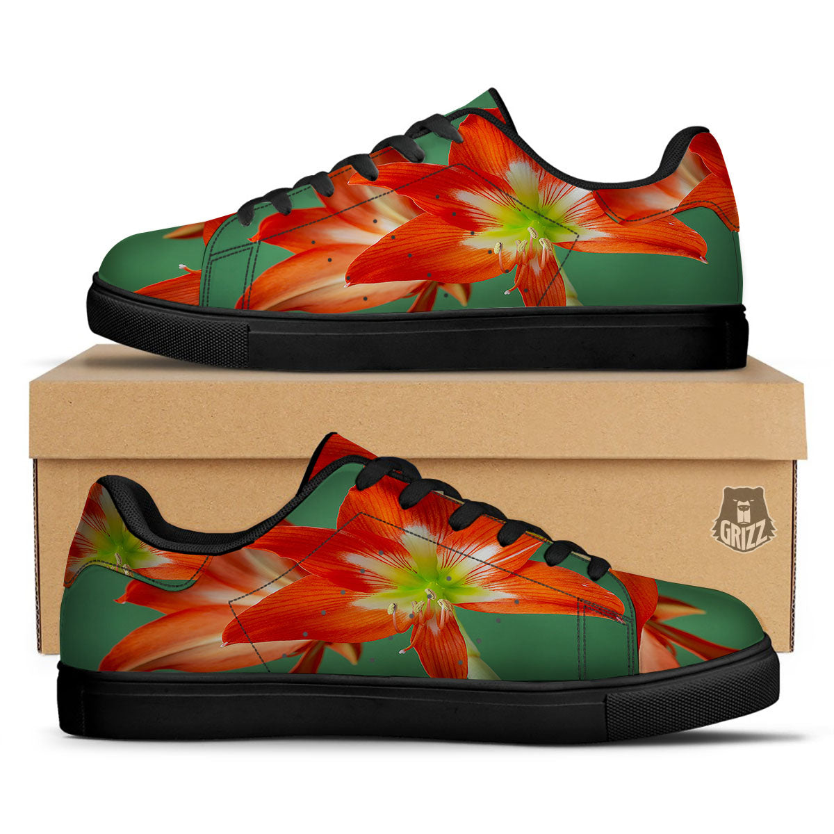 Amaryllis Orange Print Black Low Top Sneakers-grizzshop