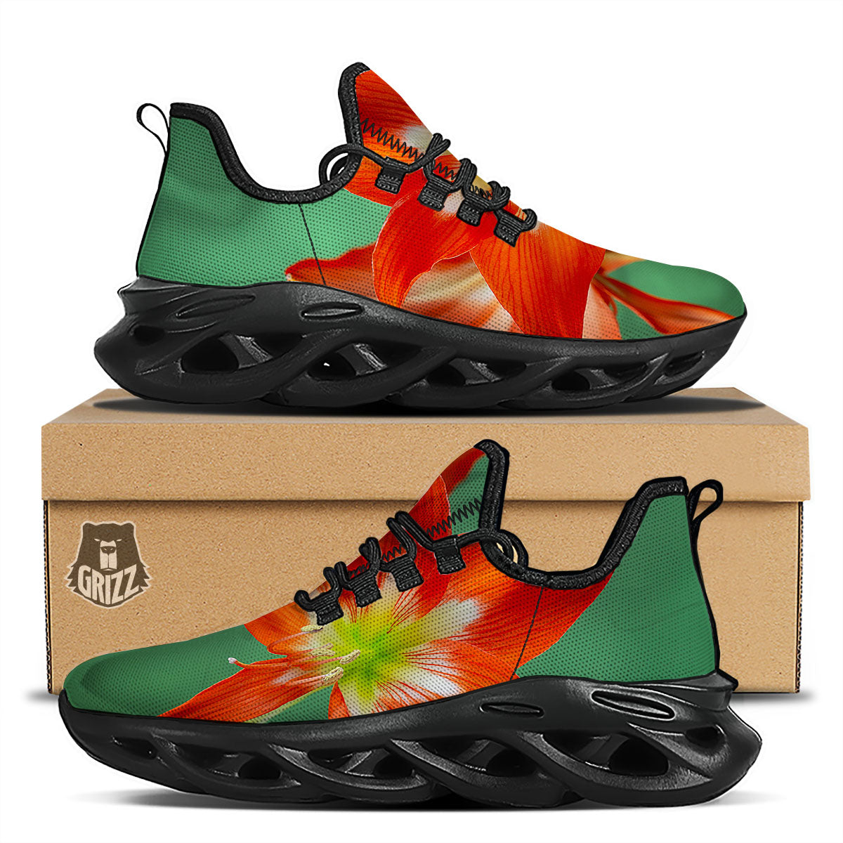 Amaryllis Orange Print Black Running Shoes-grizzshop