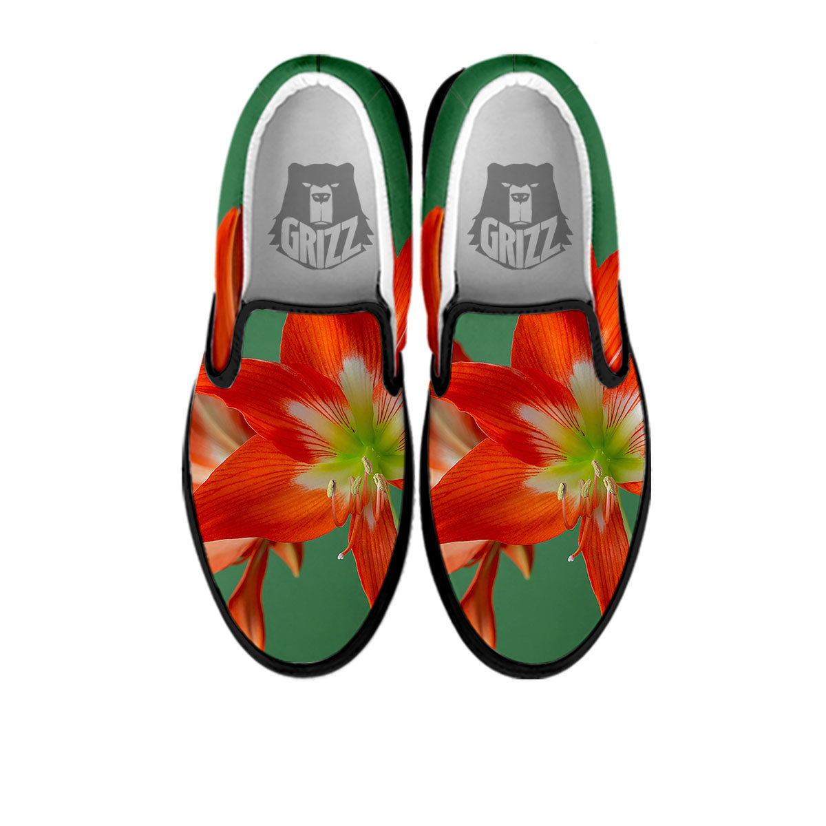 Amaryllis Orange Print Black Slip On Shoes-grizzshop