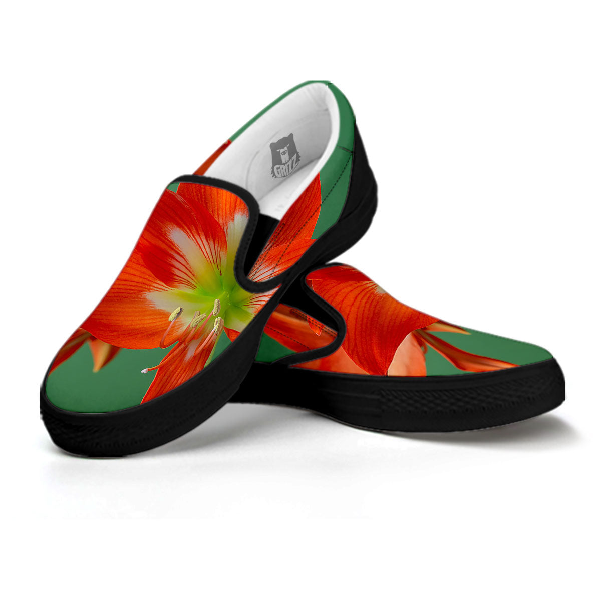 Amaryllis Orange Print Black Slip On Shoes-grizzshop